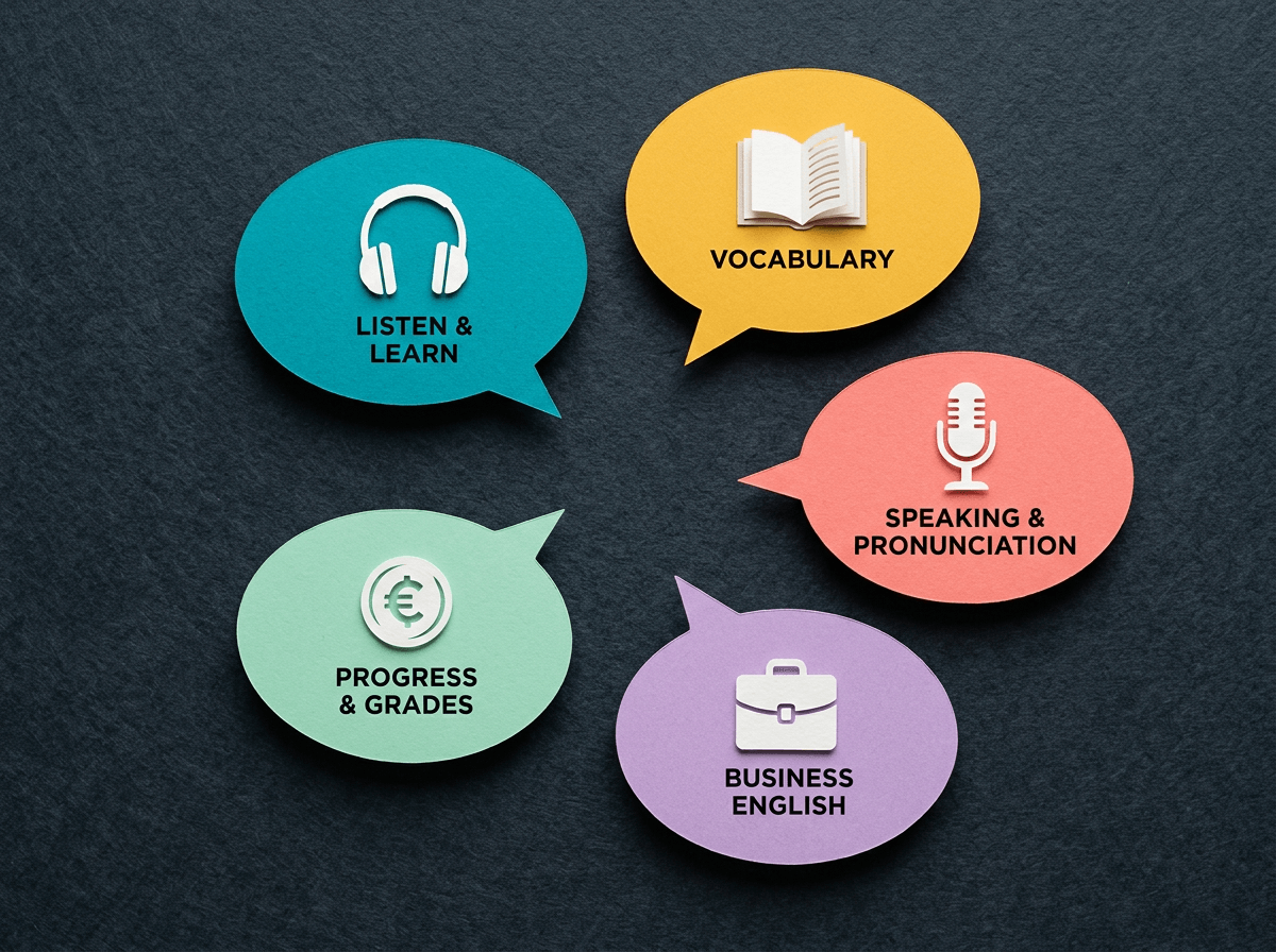 Five speech bubbles representing ELSA Speak alternatives compared for English learning