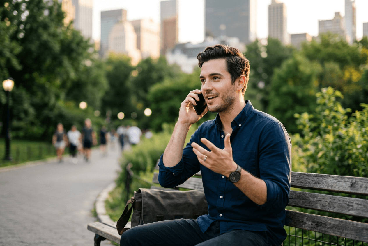 Man practicing English conversation naturally on phone call in park like real speaking practice
