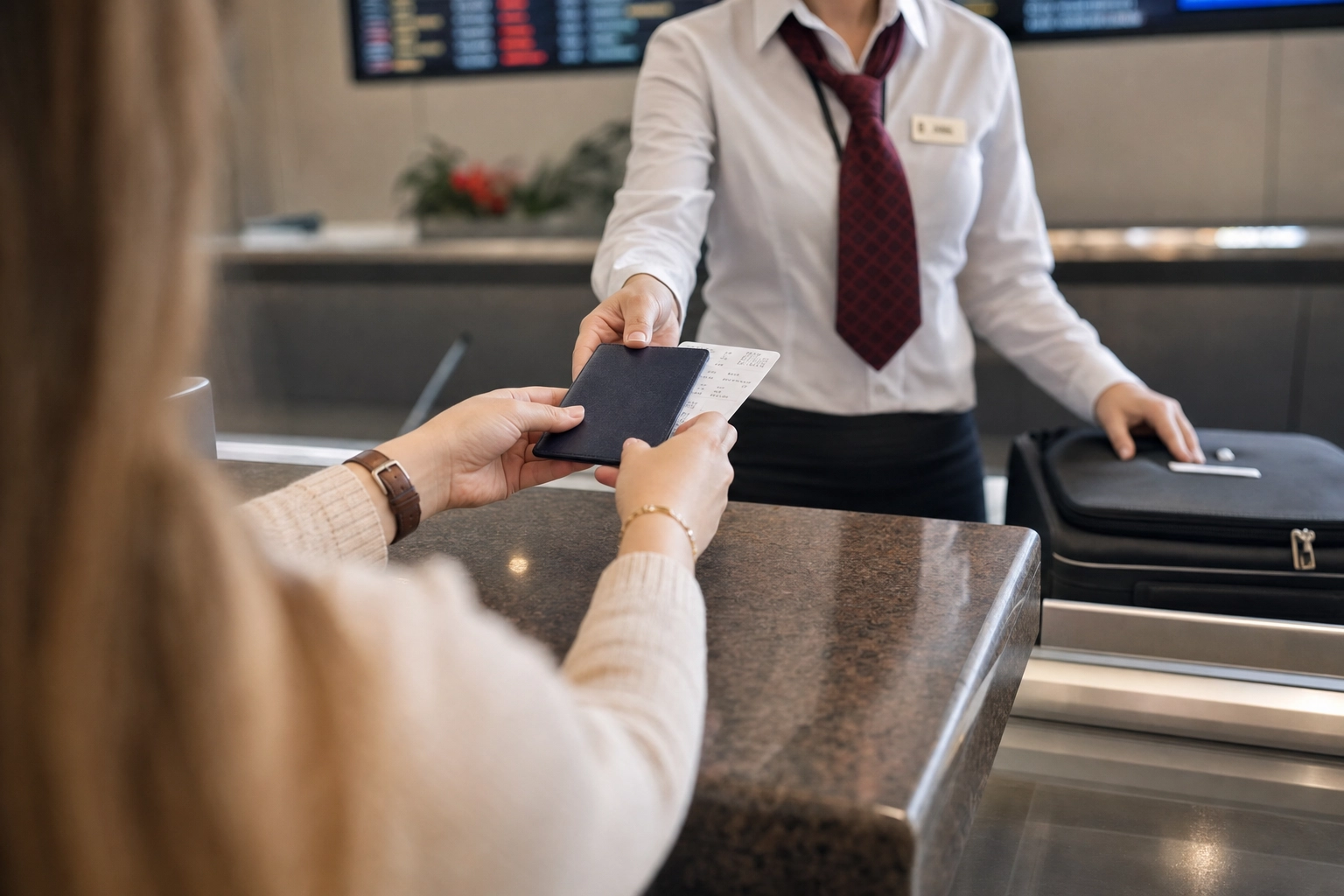 Passagier reicht Pass und Bordkarte an Check-in-Mitarbeiter der Airline am Schalter, Koffer auf der Waage