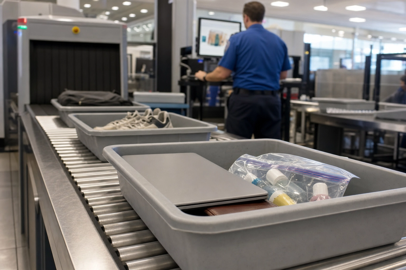 Sicherheitskontrolle am Flughafen mit Wannen, die Laptop, Flüssigkeitsbeutel und Schuhe enthalten, auf dem Förderband Richtung Röntgenscanner