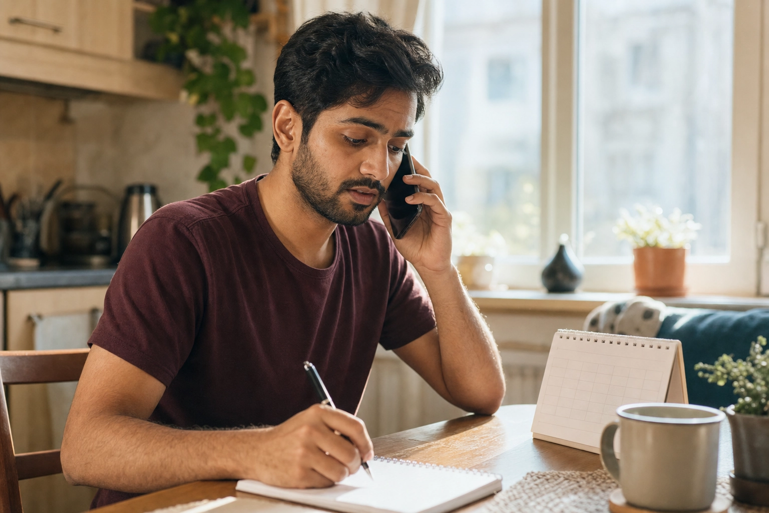 Non-native English speaker booking a doctor's appointment by phone at home with a notepad and calendar