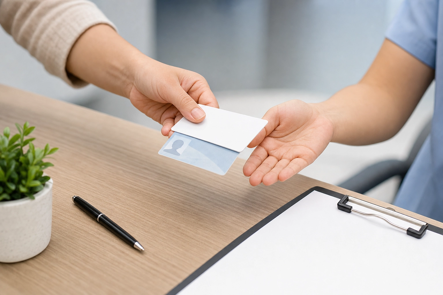 Patient handing a health insurance card and ID to a receptionist at a doctor's office check-in counter