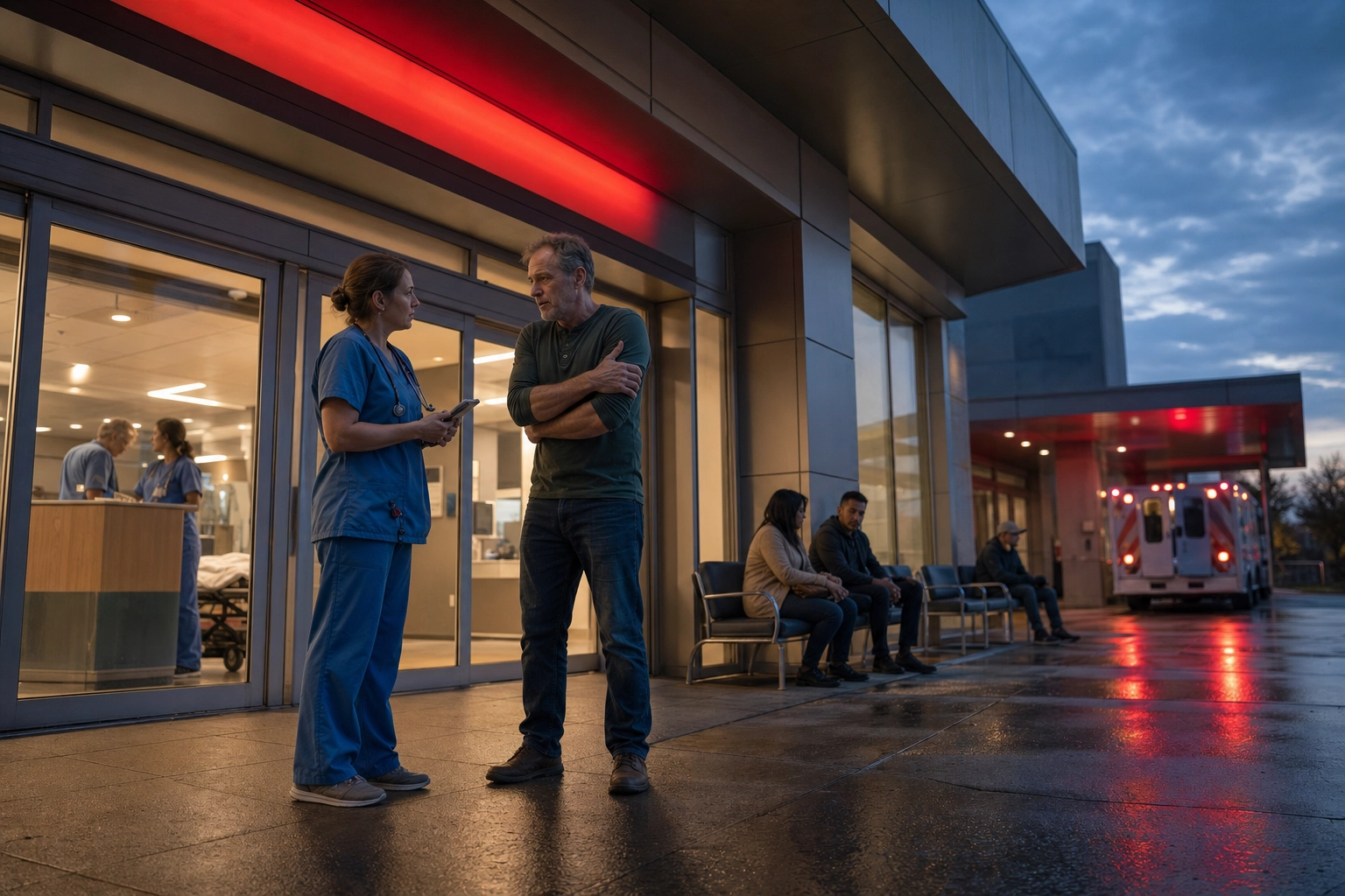 Triage nurse speaking with a worried patient at a hospital emergency room entrance at dusk