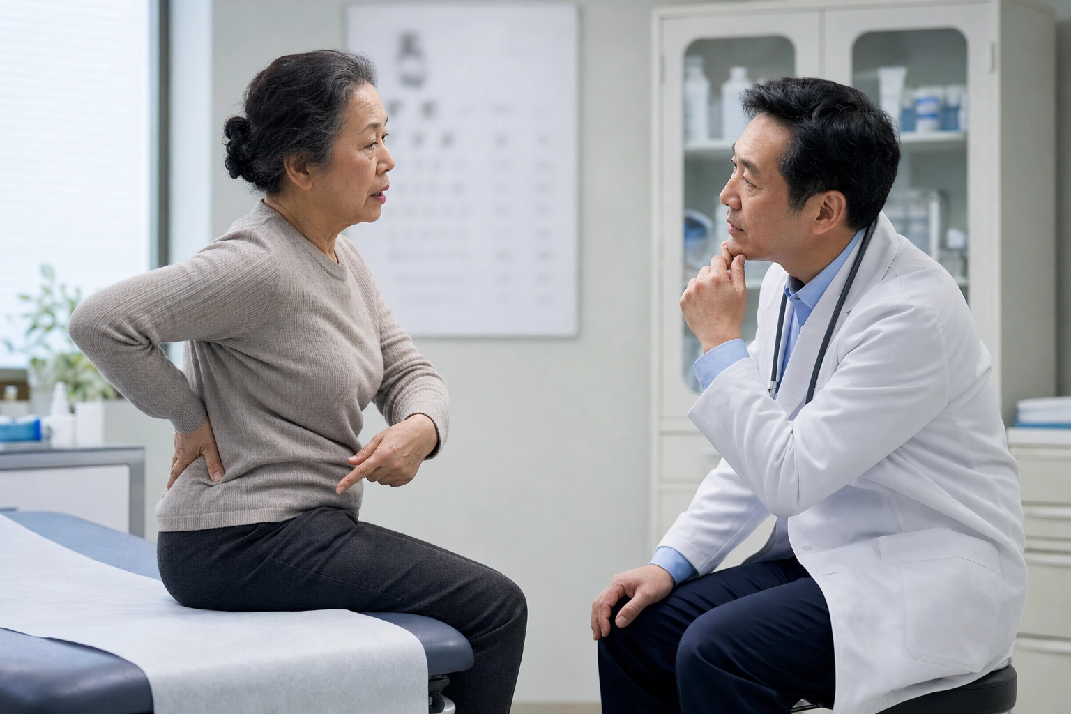 Patient on an exam table pointing to lower back pain while an English-speaking doctor listens closely