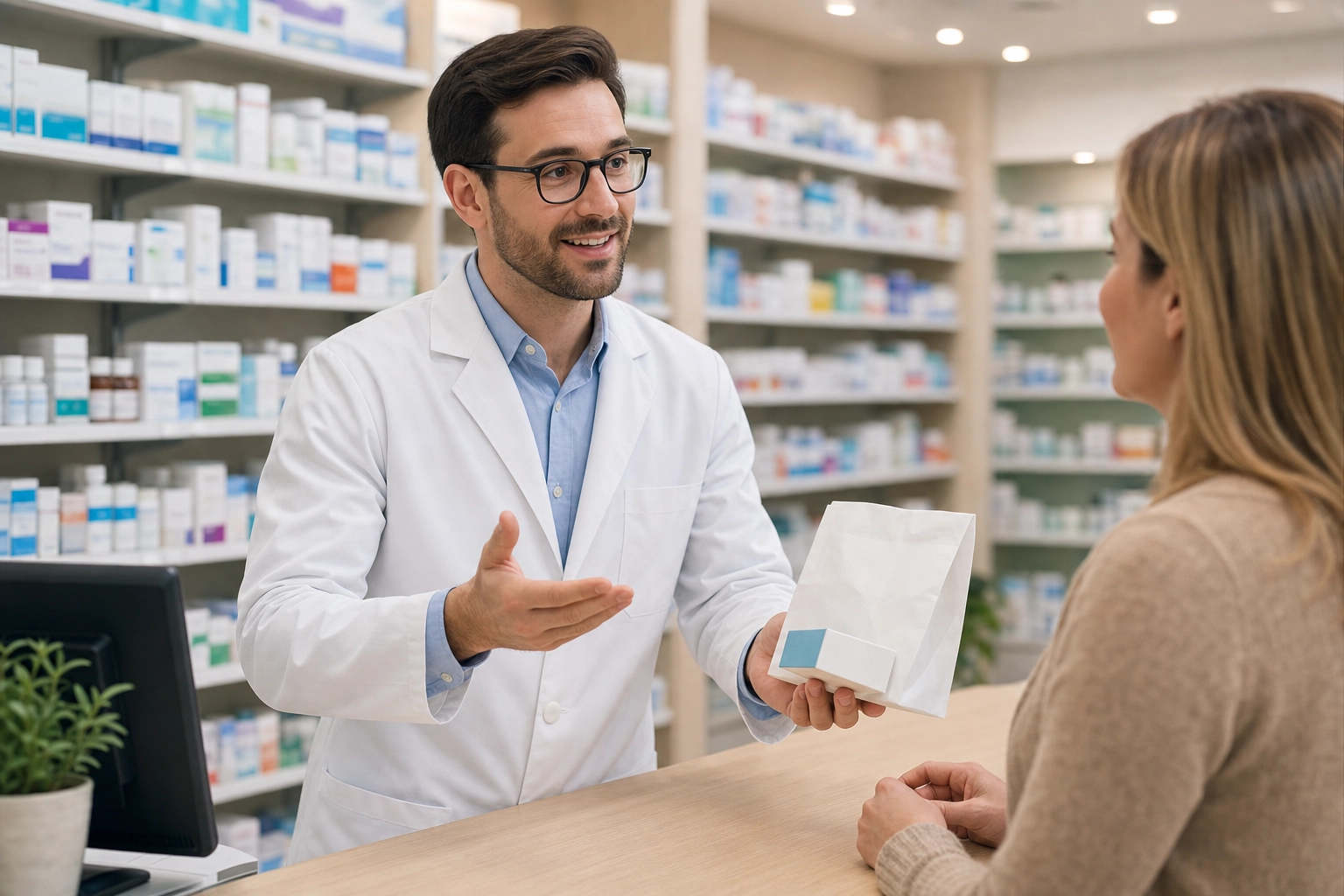 Pharmacist handing prescription medicine to a patient and explaining the dosage at a pharmacy counter