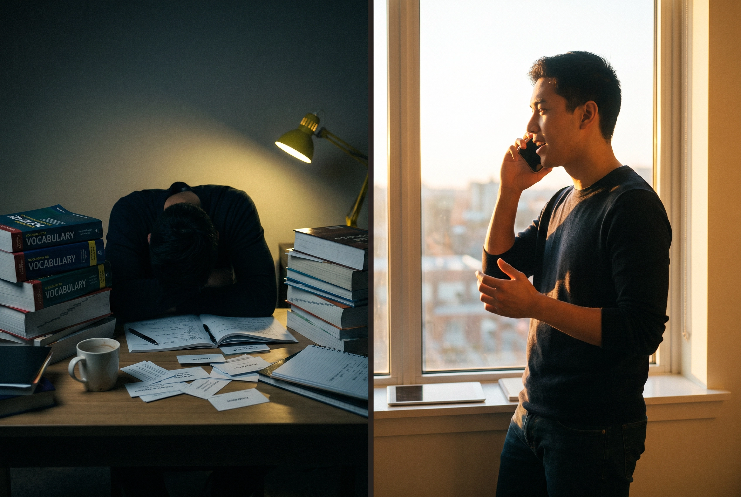 Conceptual split image contrasting passive English vocabulary study with active speaking practice that builds real fluency