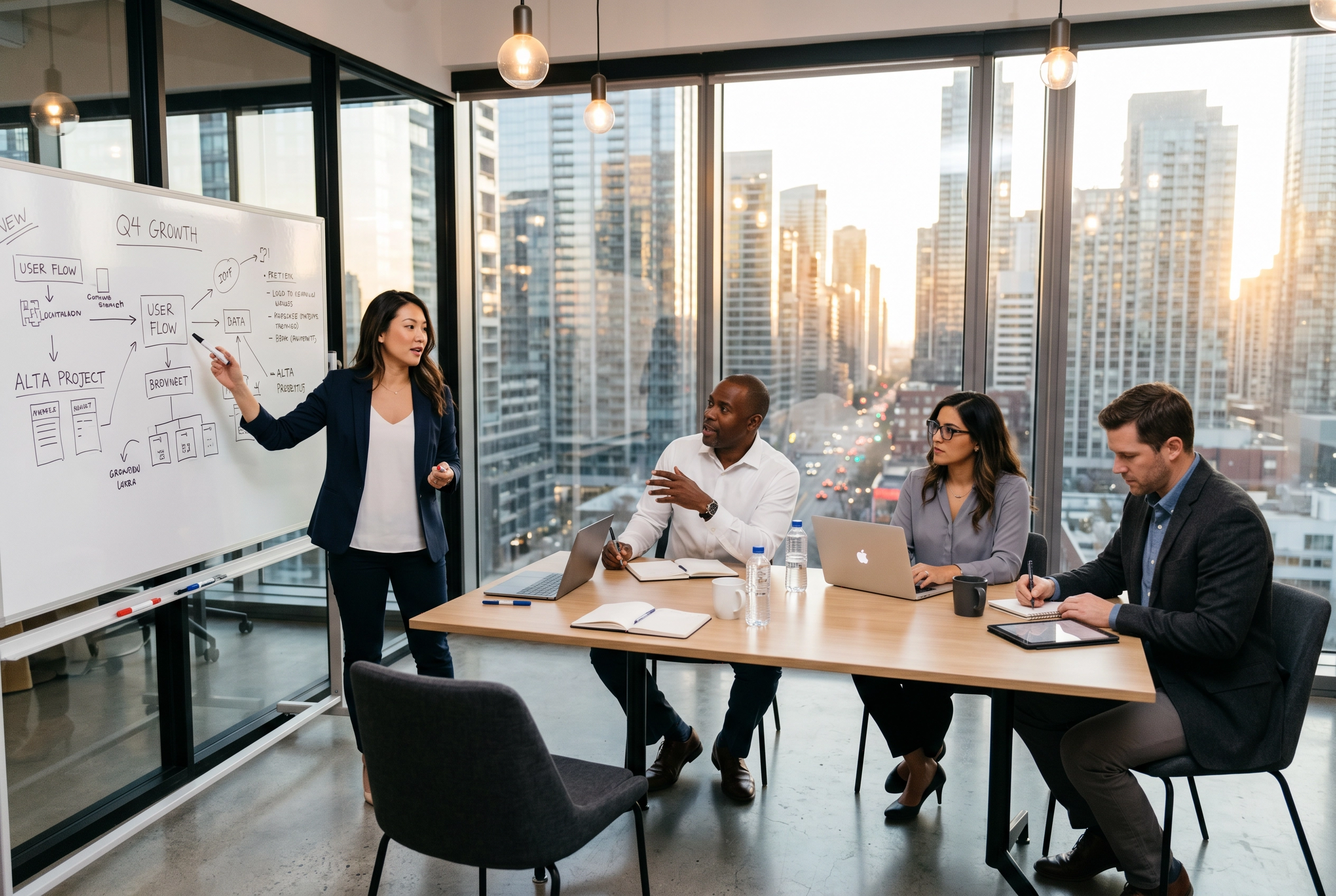 Diverse business professionals in glass conference room using natural business English collocations during meeting discussion