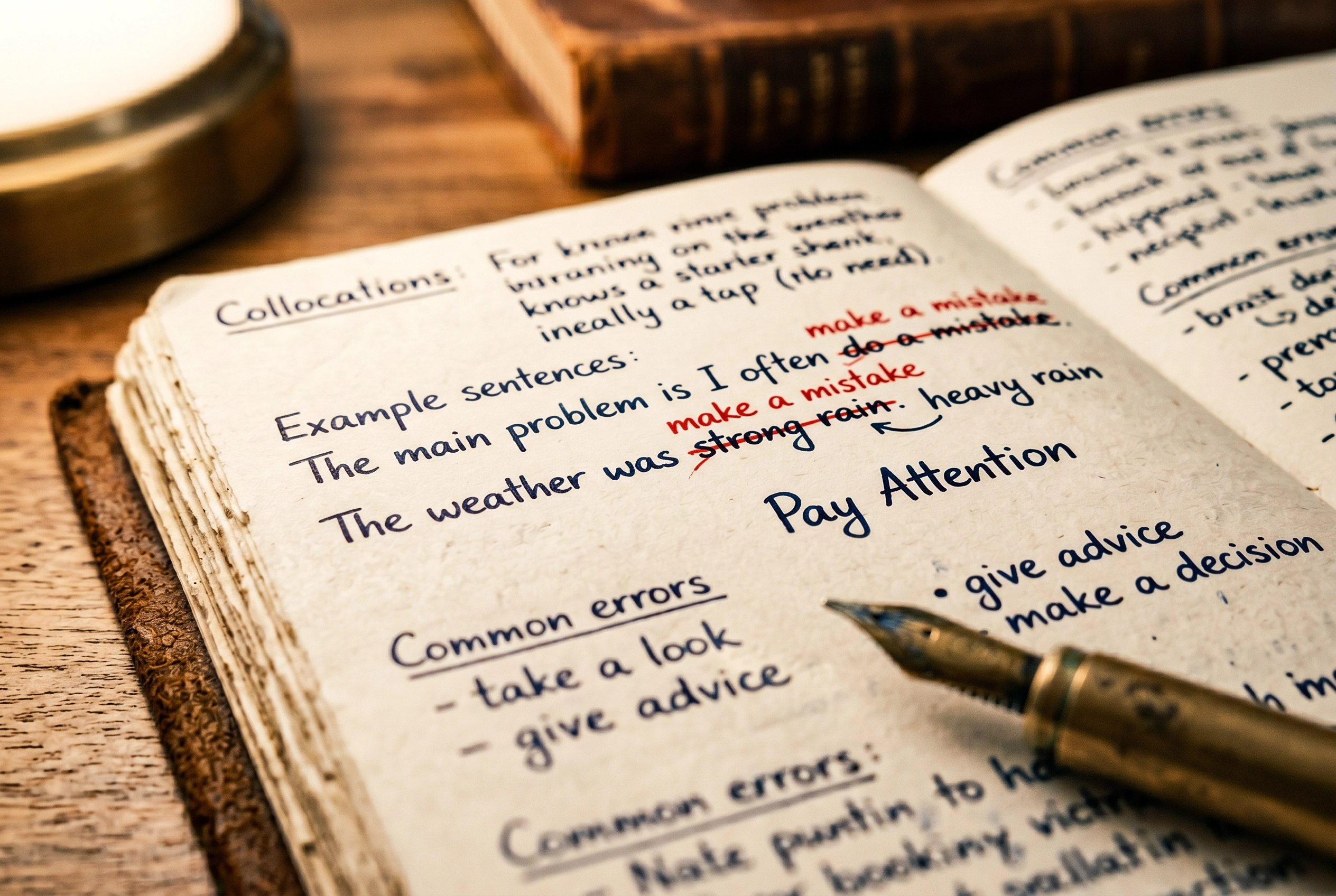 Close-up of handwritten notebook showing common English collocation mistakes crossed out with correct versions written above