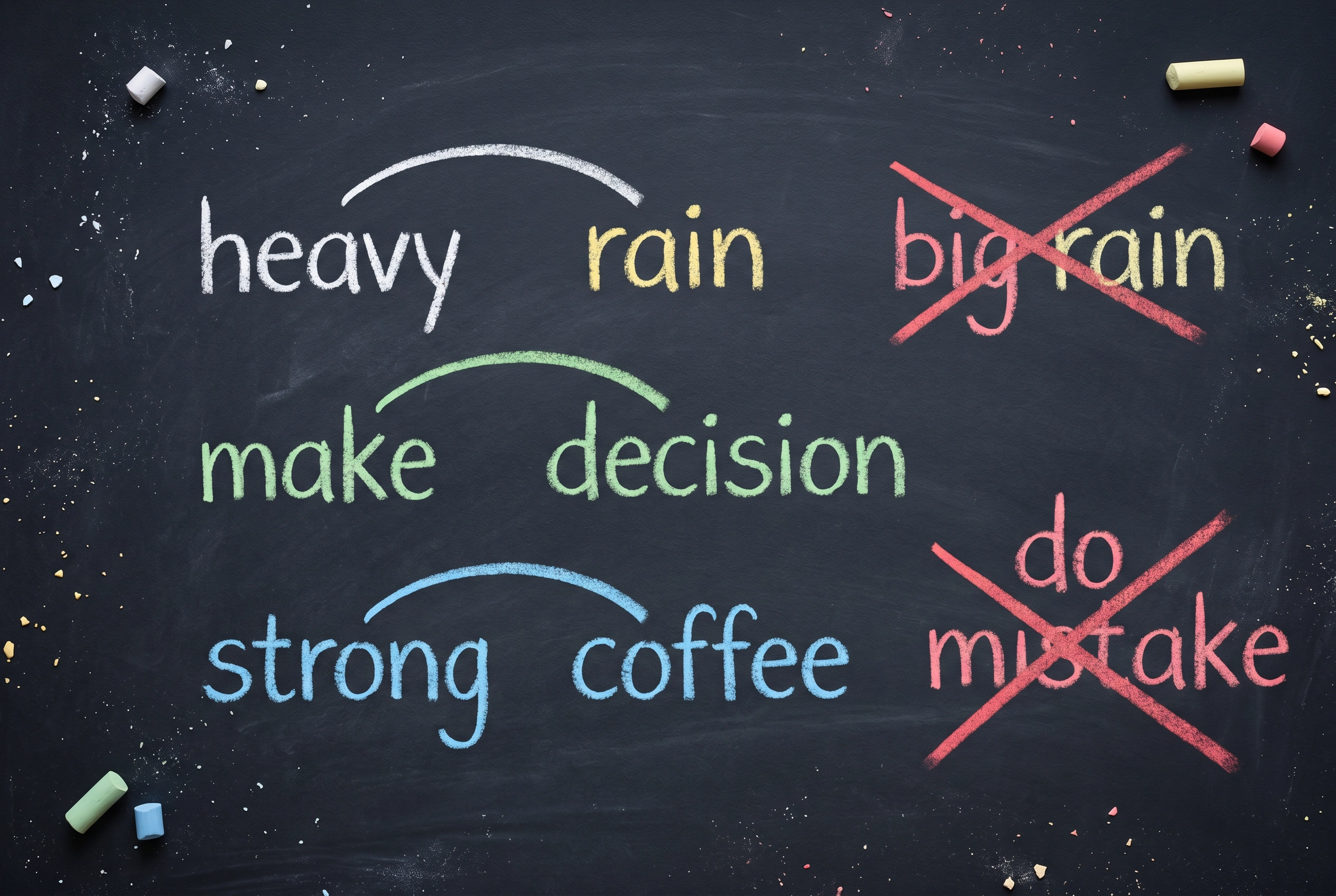 Chalkboard diagram showing correct English collocation word pairs with common wrong combinations crossed out in red