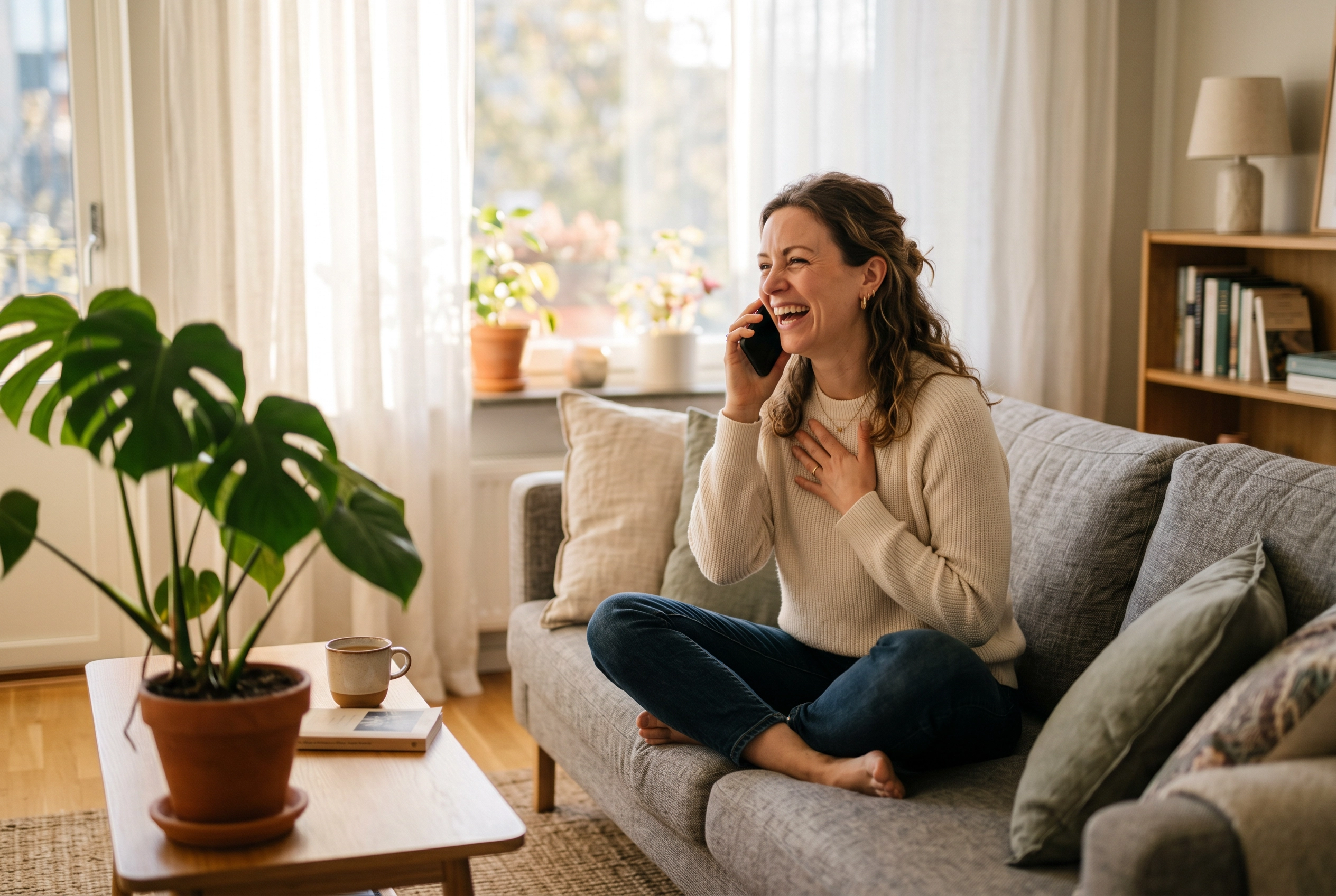 Woman laughing and gesturing during a natural English phone conversation showing verb-noun collocations in everyday use
