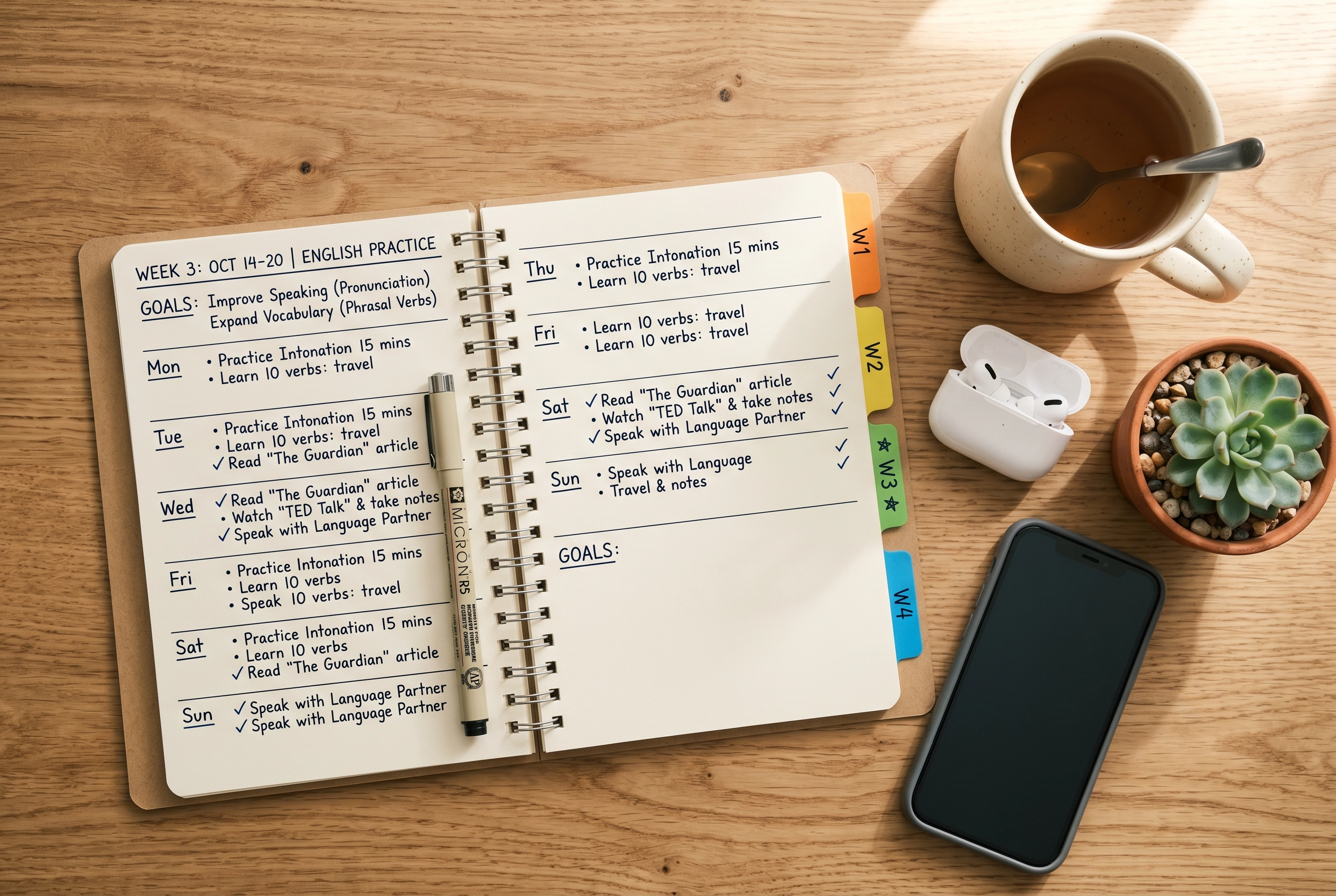Overhead flat-lay of a four-week English collocation practice plan with notebook, earbuds, and morning tea on wooden desk