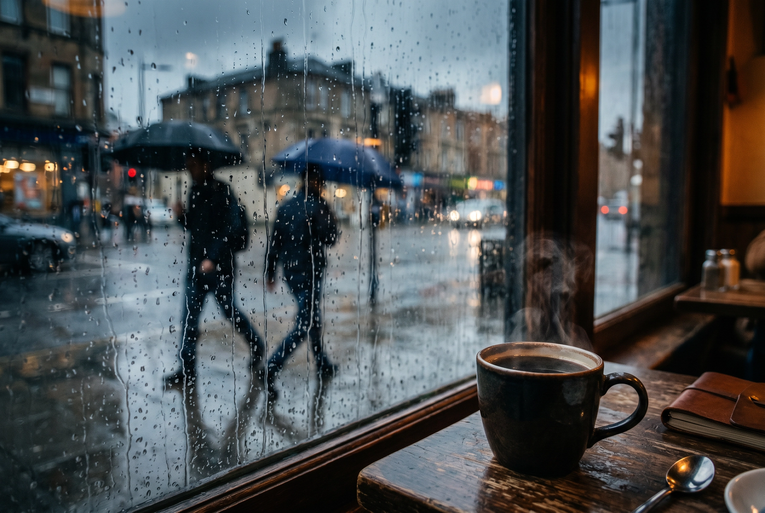 Steaming strong coffee in a cozy cafe window during heavy rain showing English adjective-noun collocations in real context