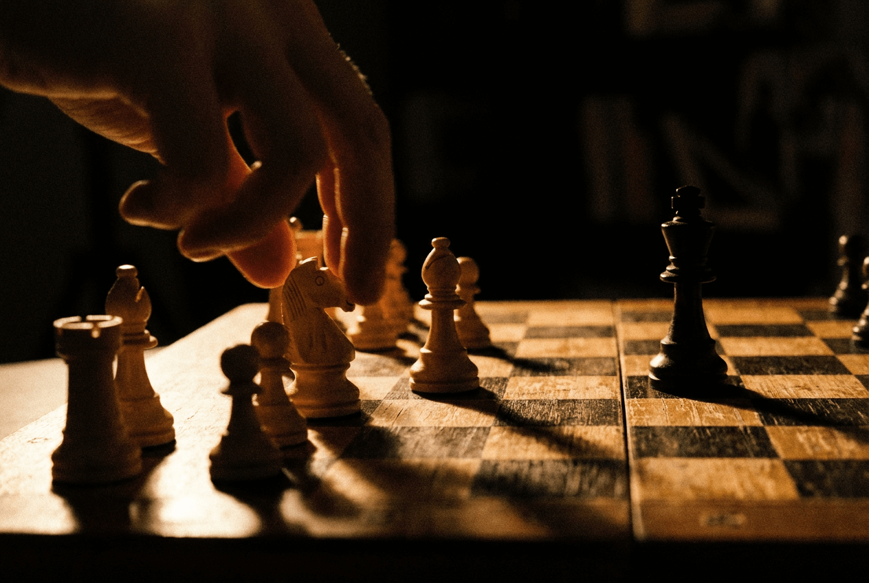 Advanced English conversation topics about ethics and philosophy represented by strategic chess game