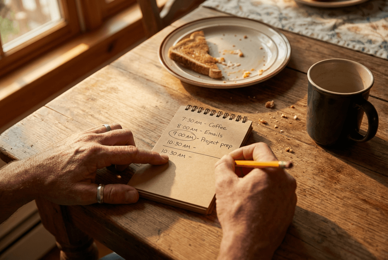 Beginner English conversation topic daily routines with notebook schedule and breakfast on kitchen table