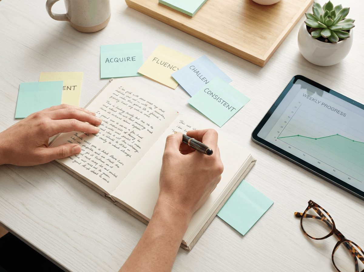 English language learner tracking conversation practice progress with vocabulary notes and journal