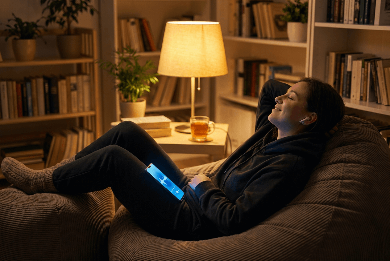 Learner practicing English conversation topics with AI tutor using voice on smartphone in cozy room