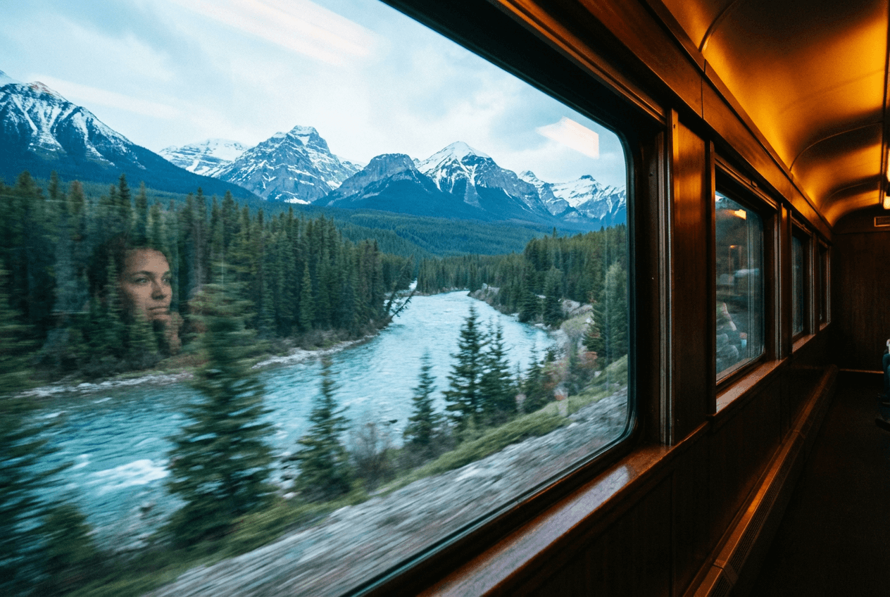 Intermediate English conversation topic about travel experiences viewed from a scenic train window