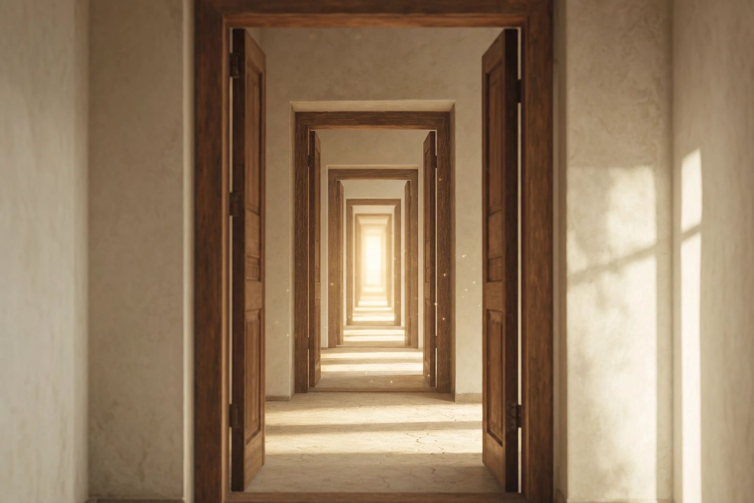 Row of open doorways receding into warm light as a metaphor for conversation follow-up questions