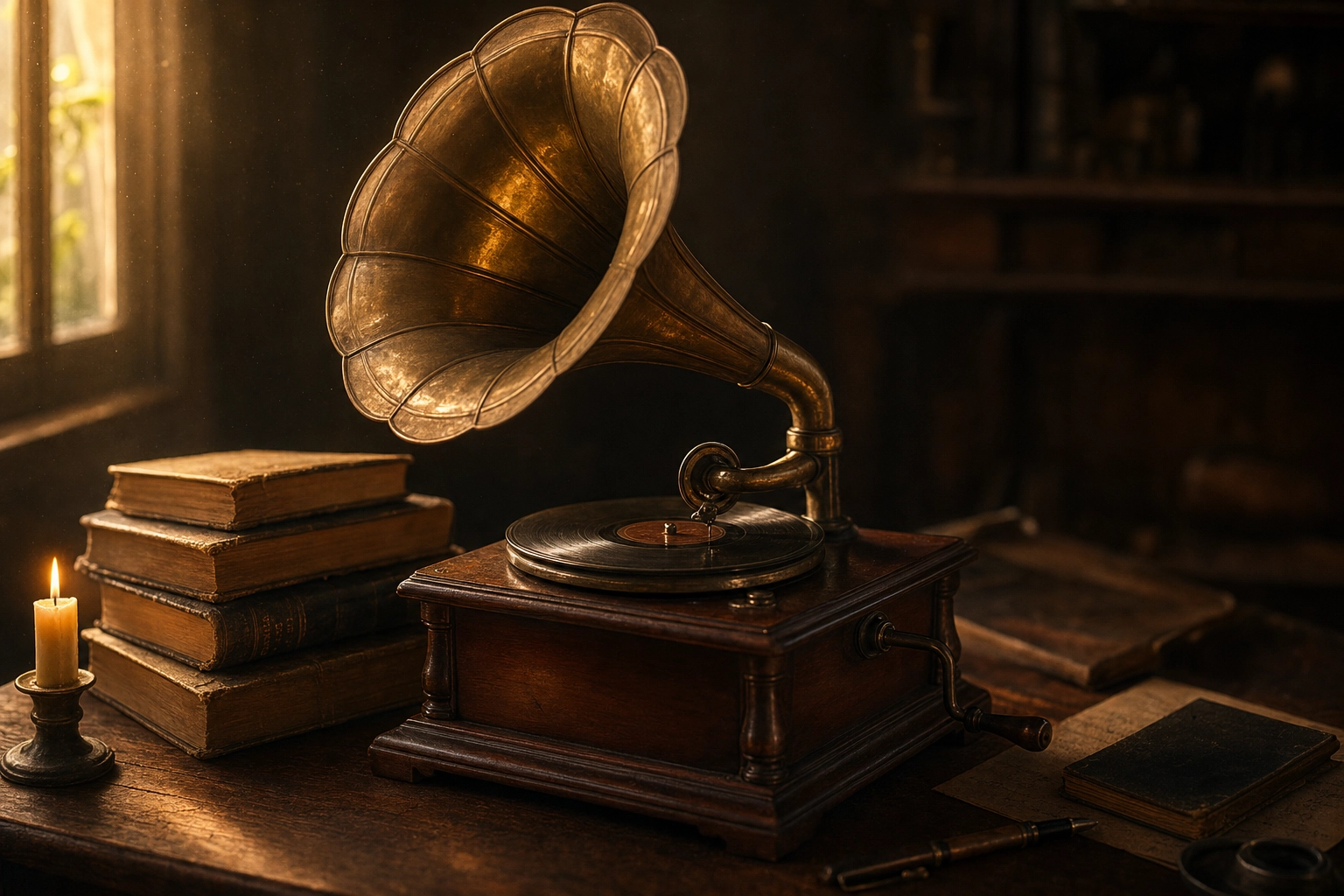 Vintage 1920s gramophone and books evoking a what-if hypothetical English conversation question