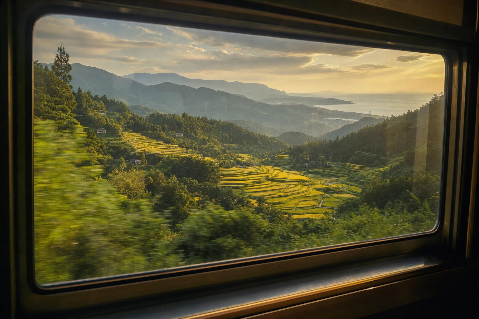 Train window view of misty mountains and terraced rice fields illustrating a memorable travel story