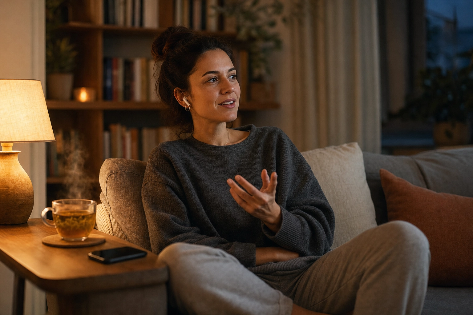 Woman practicing English speaking aloud alone on a couch at home in the evening with earbuds