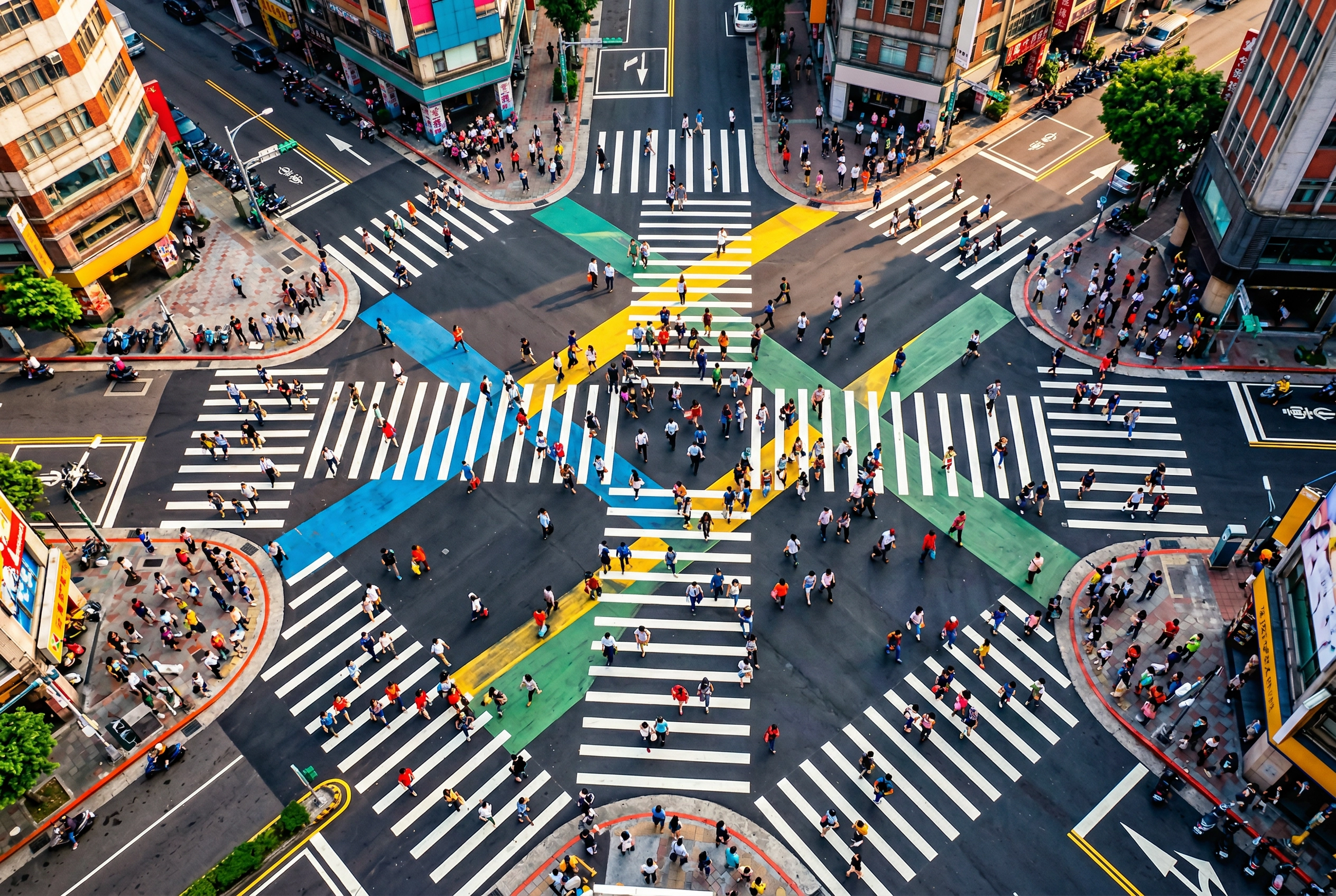 英会話のコネクターと方向転換の視覚的メタファーとしての、歩行者交差点の俯瞰図