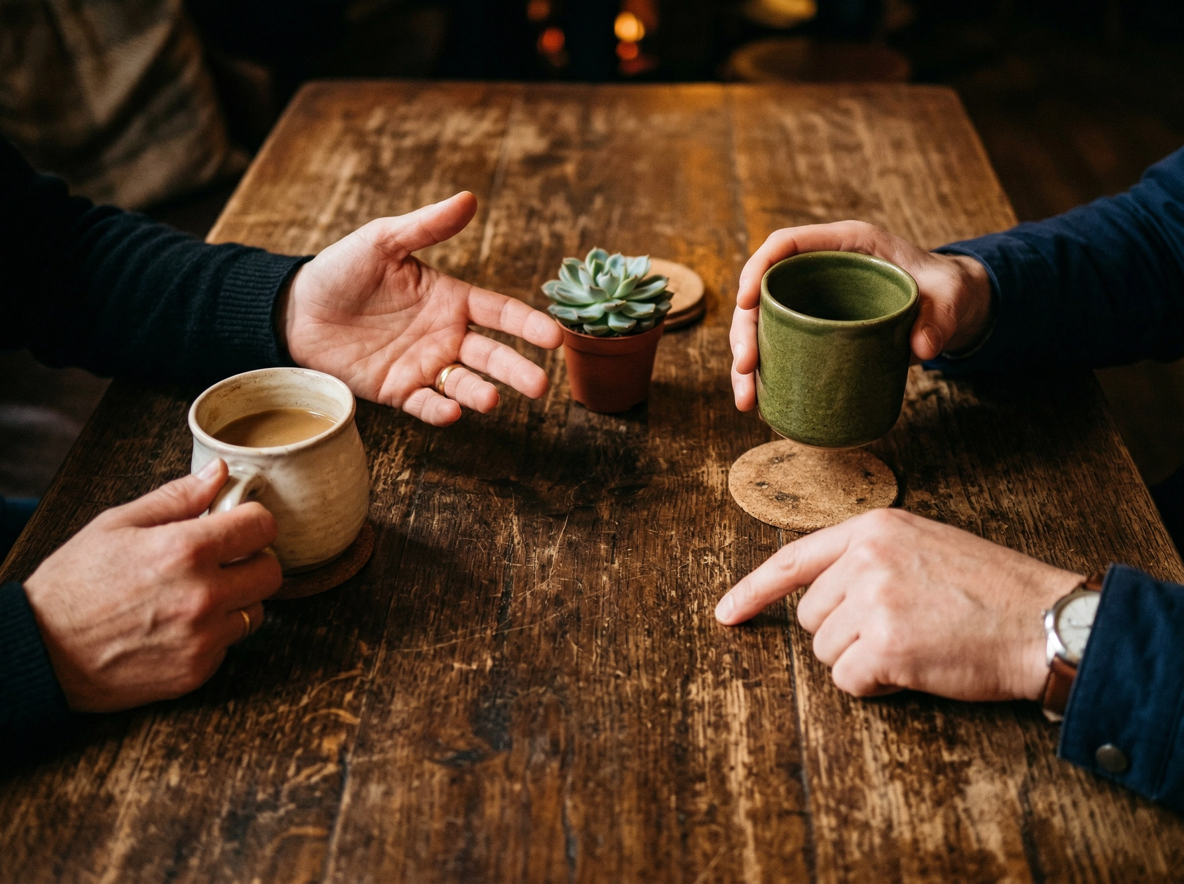 木製テーブルでの英会話中にジェスチャーをする二人の手のクローズアップ。自然なコミュニケーションを表現