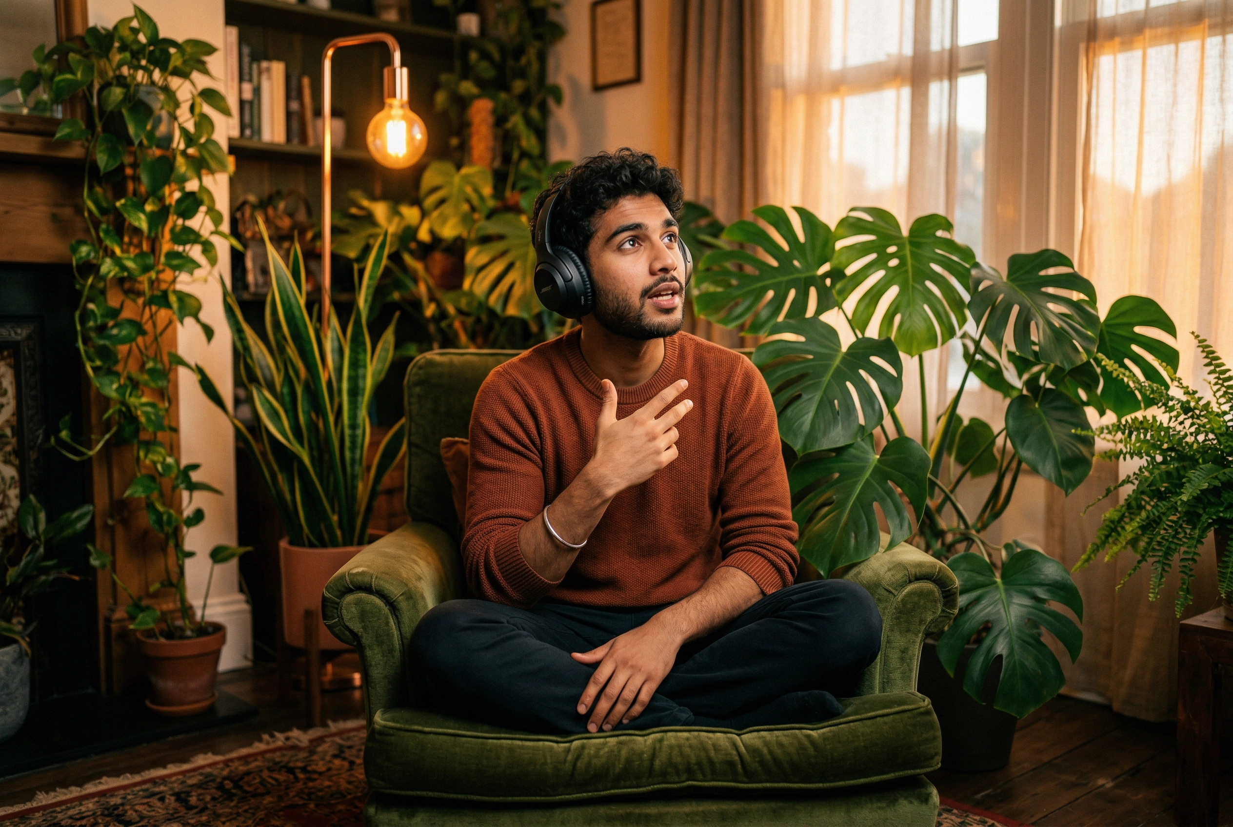 ゴールデンアワーの植物に囲まれた居心地の良いリビングで、ヘッドフォンをして英語のスピーキングを練習する若い男性