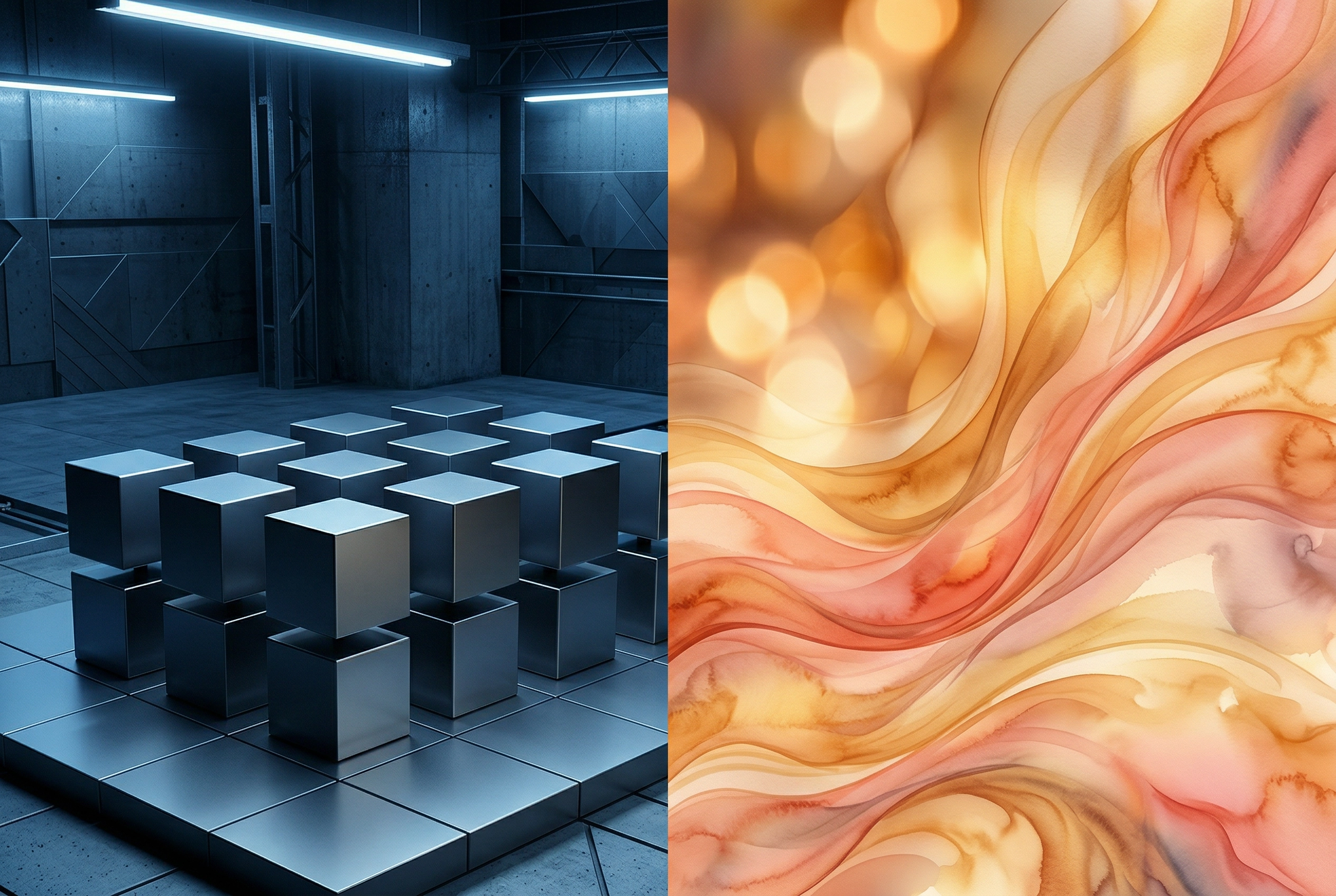 ロボット的な冷たい幾何学模様と温かく自然な流れるパターンを比較した、英語のスピーチスタイルを表すスプリットビジュアル