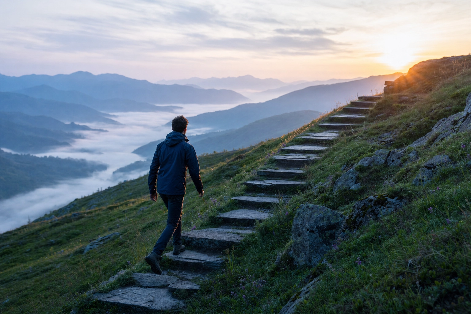 Person walking up stone steps cut into a misty hillside at dawn, symbolizing progression through CEFR English levels