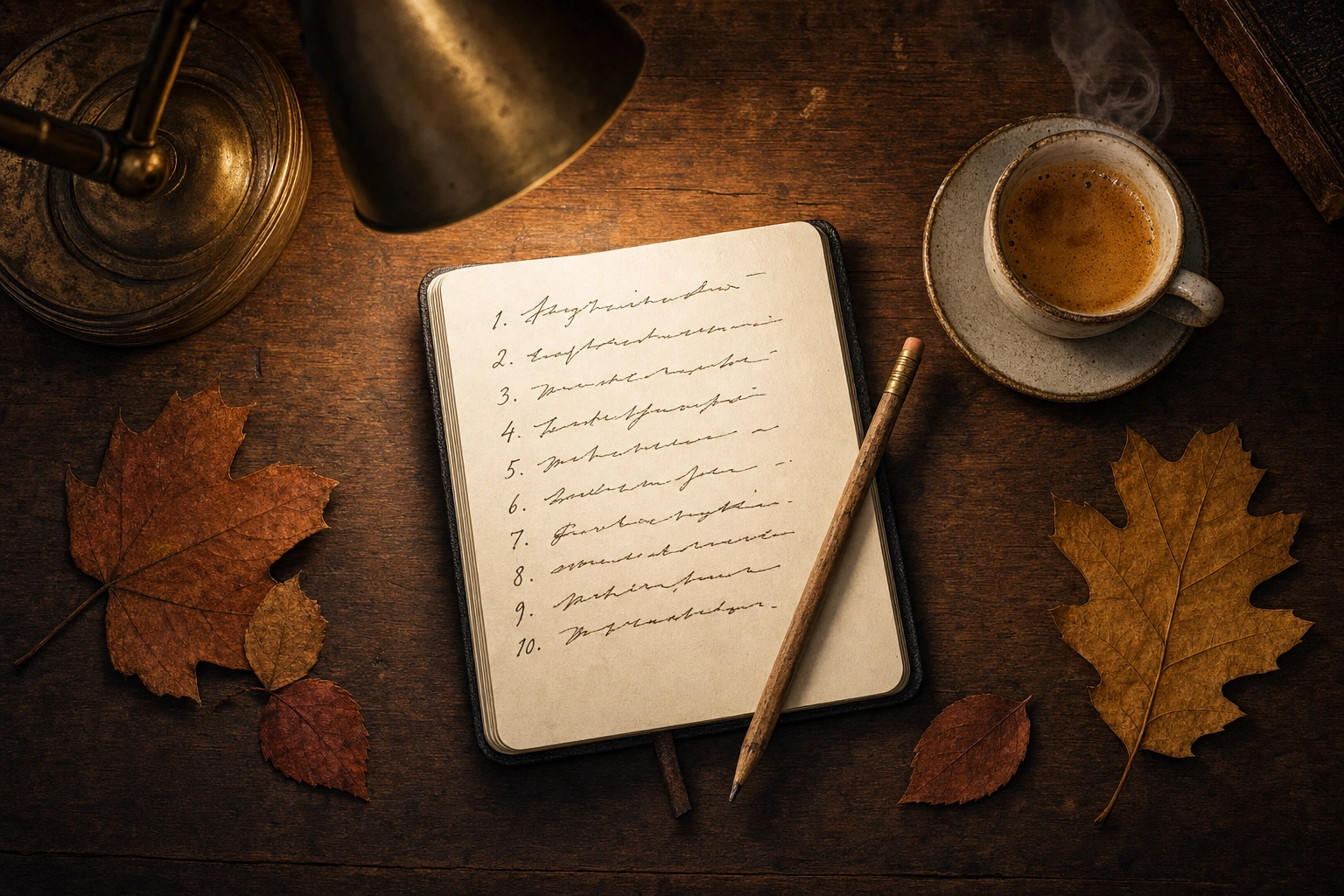Overhead view of a notebook with a handwritten English self-assessment checklist alongside coffee and a brass lamp