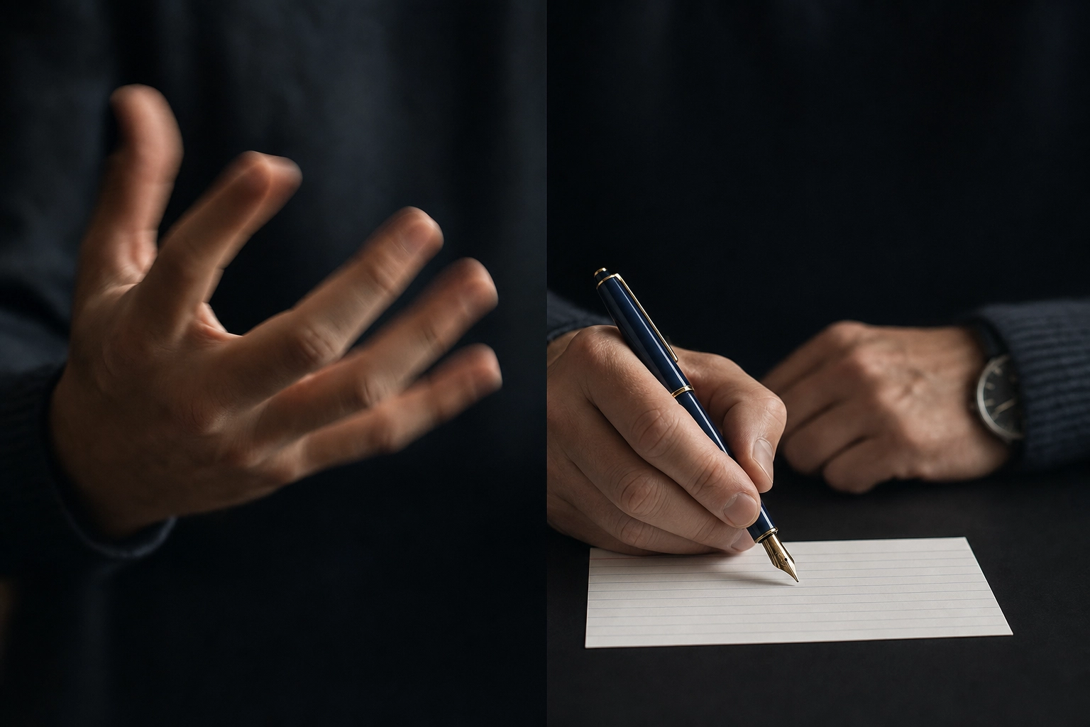 Two hands side by side — one mid-gesture in motion and one holding a pen precisely — conceptually contrasting fluency with accuracy