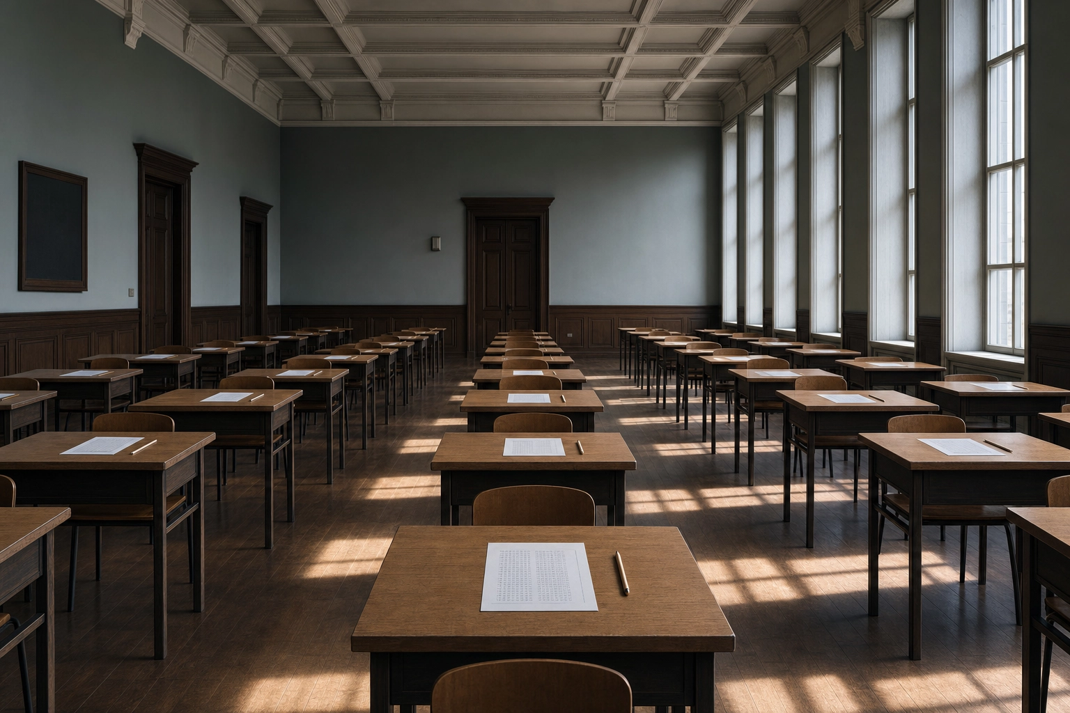 Empty formal examination hall with rows of wooden desks and answer sheets, representing official English proficiency tests