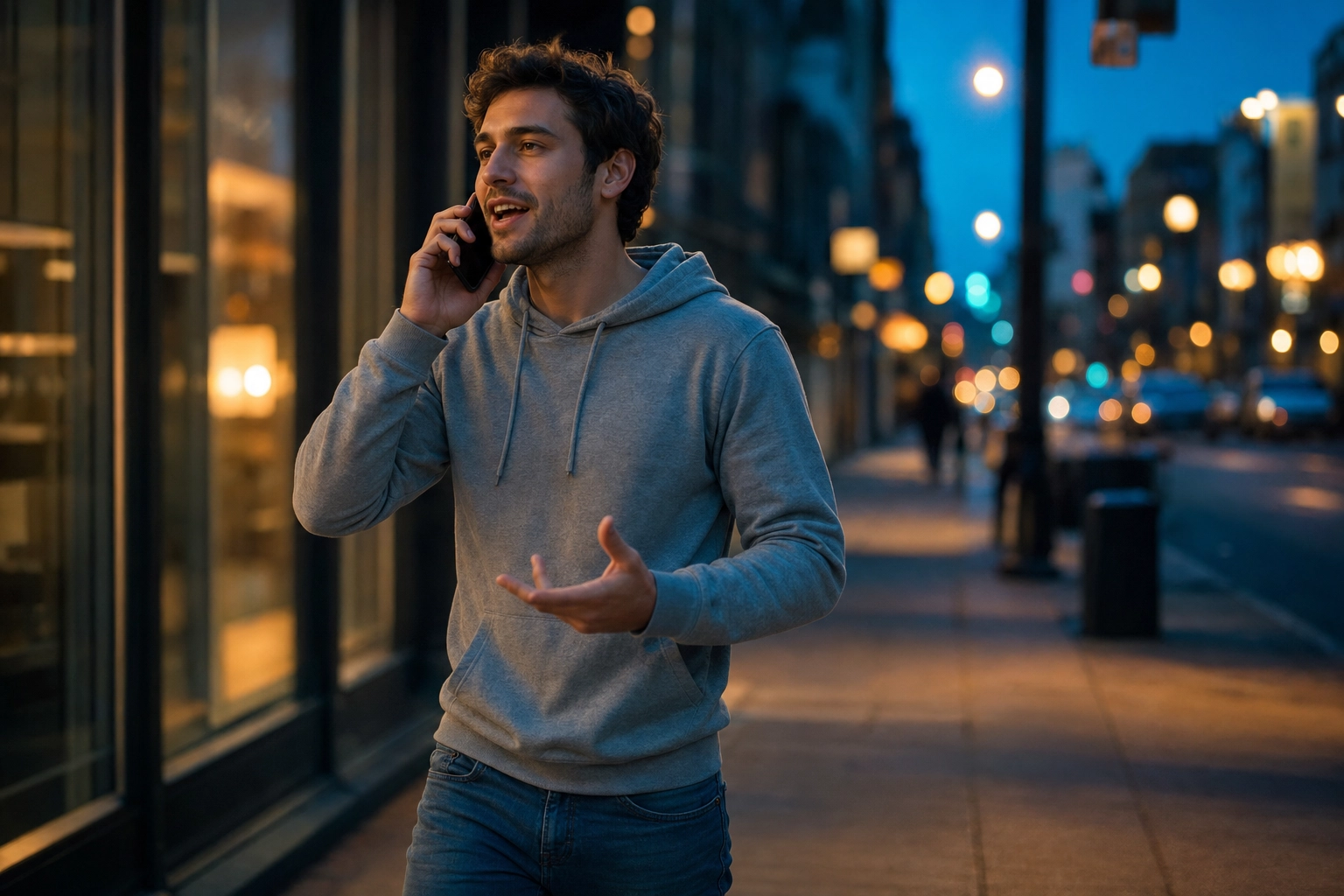 Young man practicing English speaking on his phone while walking through a city in the evening, representing daily fluency practice