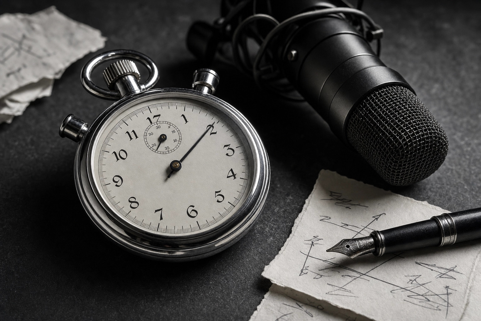 Vintage stopwatch and microphone on a slate surface, representing measuring speaking rate and fluency metrics