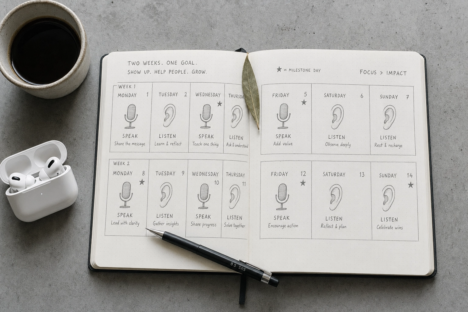 Hand-drawn 14-day English practice plan calendar in notebook for Arabic-speaking learners