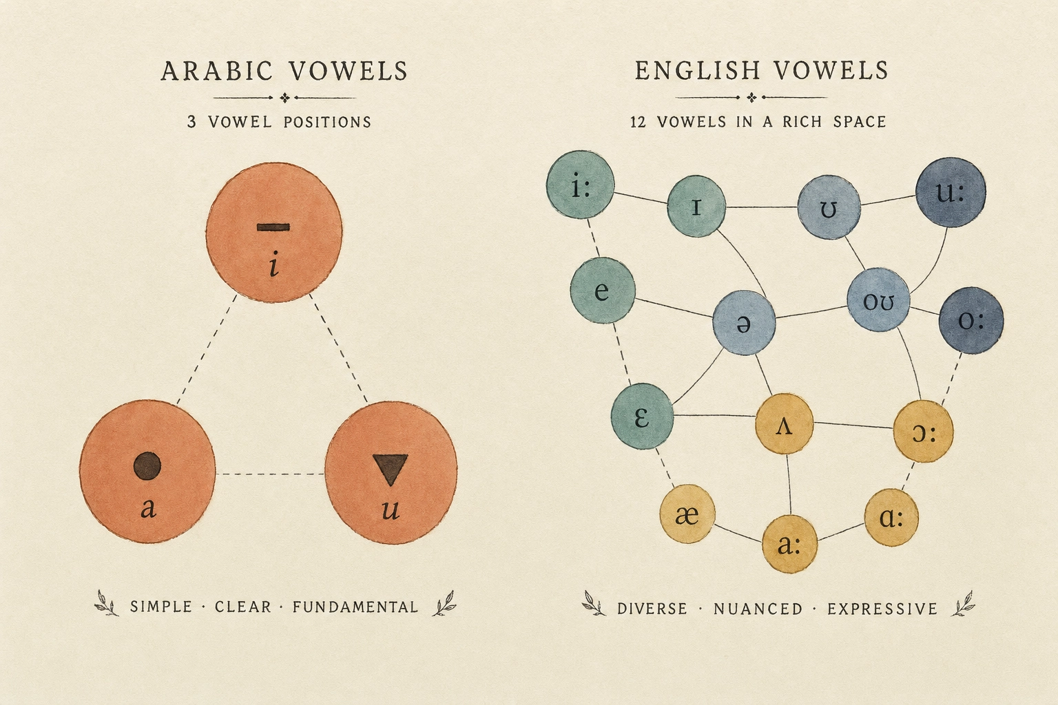Visual comparison showing three Arabic vowel sounds versus twelve English vowel sounds learners must master