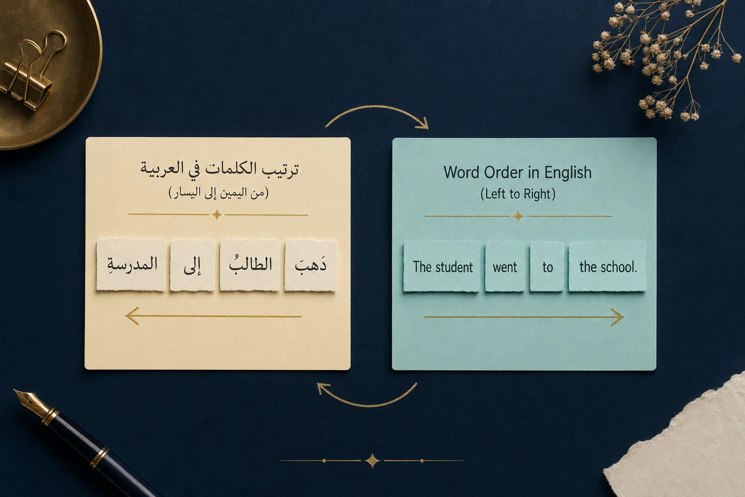 Visual representation of Arabic right-to-left versus English left-to-right word order for grammar learners