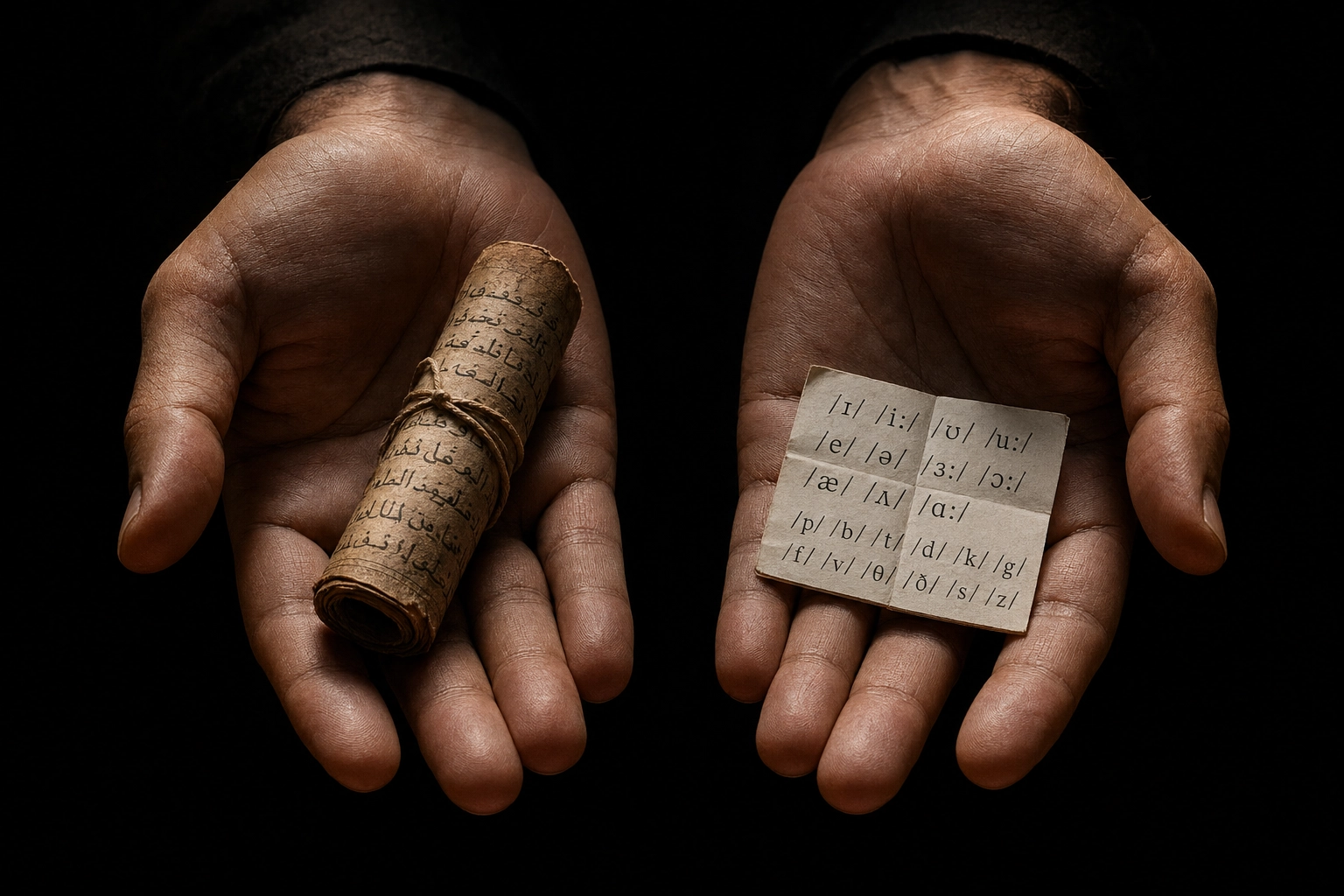 Hands holding Arabic and English scripts symbolizing bilingual identity for Arabic-speaking English learners