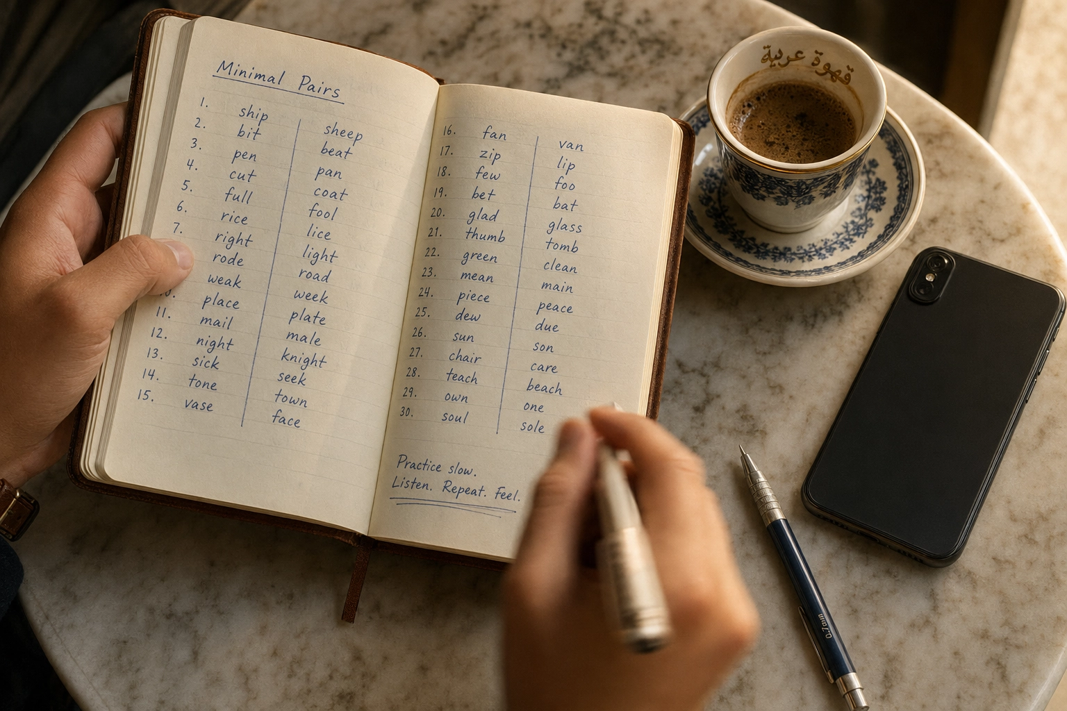 Notebook with English minimal pairs handwritten for Arabic speaker pronunciation practice