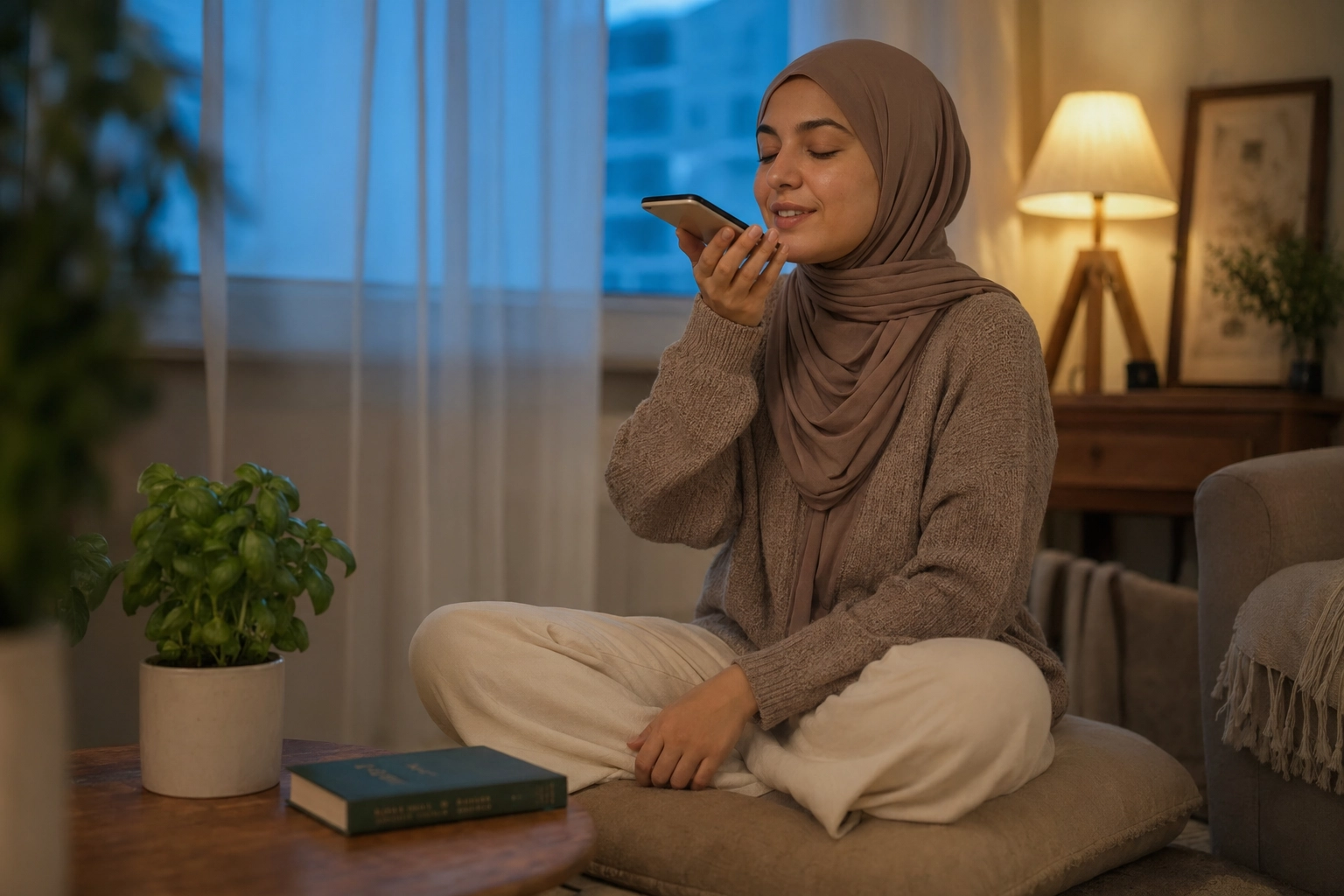Arabic-speaking woman practicing English speaking privately with AI tutor in calm home setting