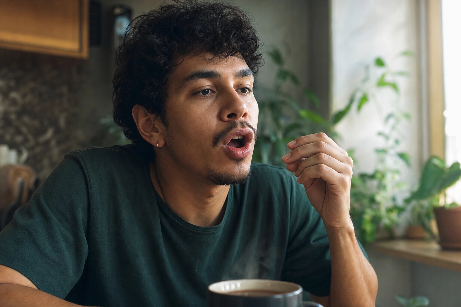 Un Brésilien s'entraîne à voix haute à des sons de prononciation anglaise difficiles, attablé dans sa cuisine
