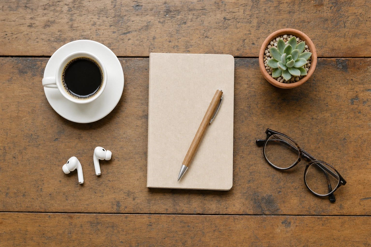 Vue de dessus à plat d'un café, d'écouteurs et d'un carnet pour étudier l'anglais dans un café brésilien