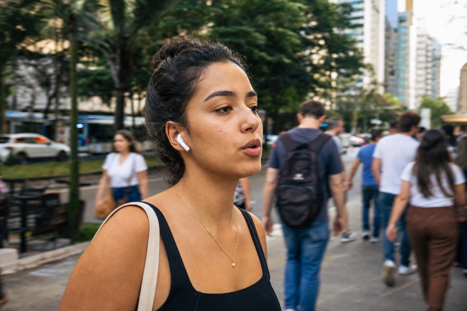 Un Brésilien en trajet quotidien pratique l'anglais à l'oral avec des écouteurs en marchant dans une rue de São Paulo
