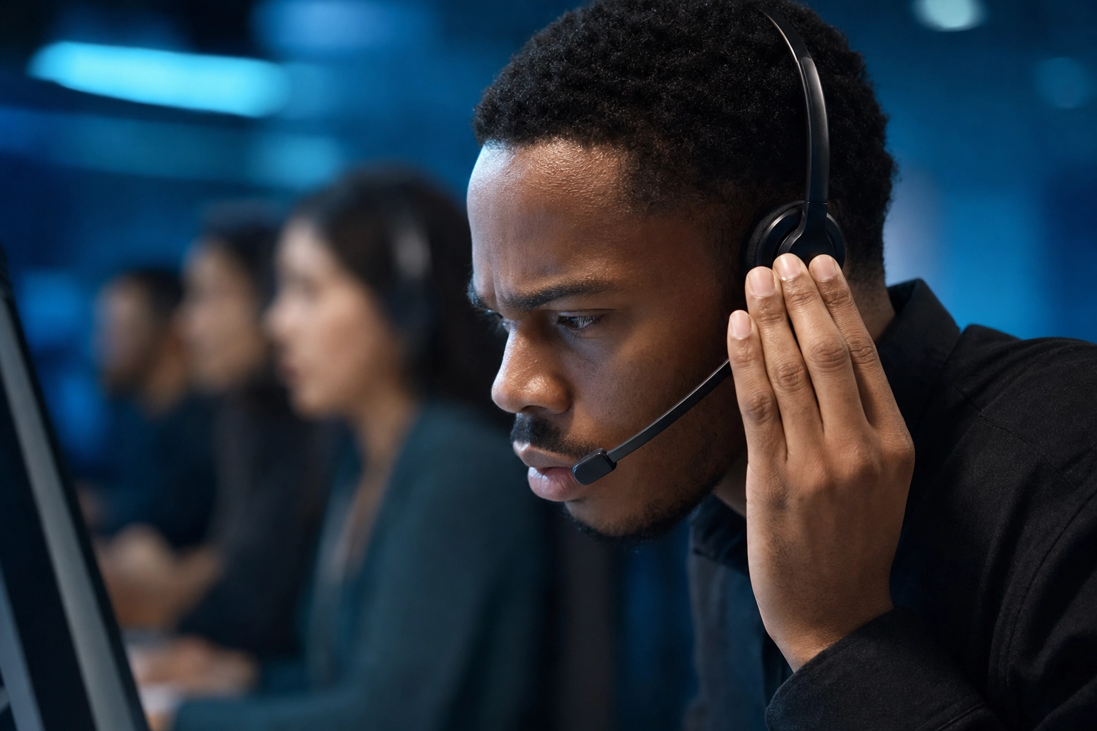 Call center agent pressing his headset earcup and concentrating while actively listening to a phone caller