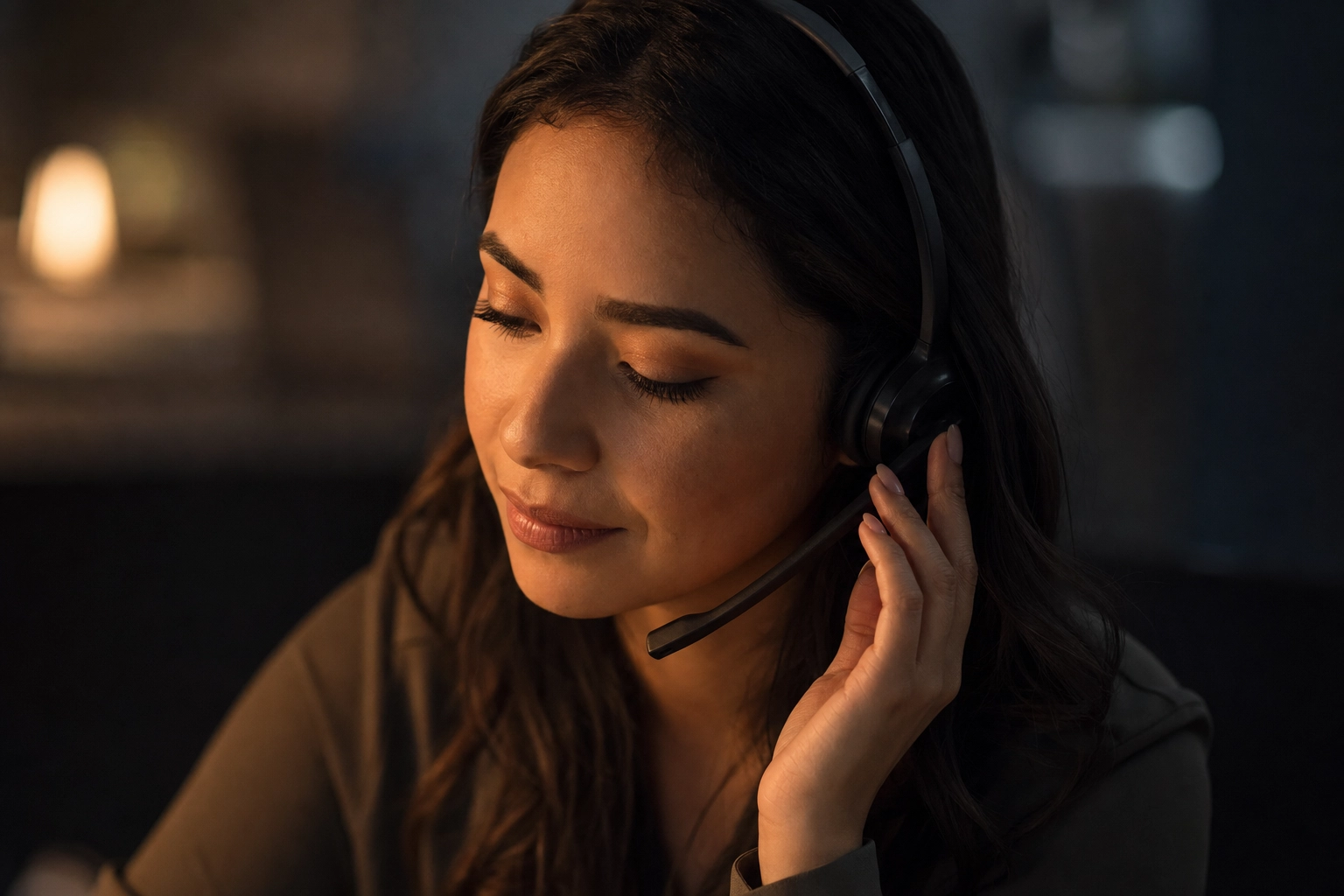 Call center agent listening with a calm, empathetic expression while de-escalating a frustrated customer