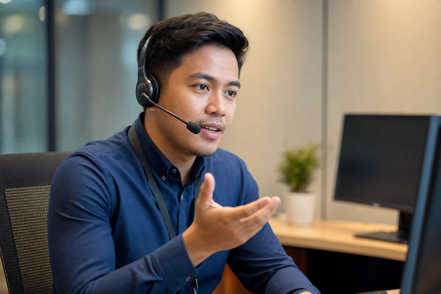 Call center agent speaking and gesturing into a headset microphone while explaining a solution to a customer