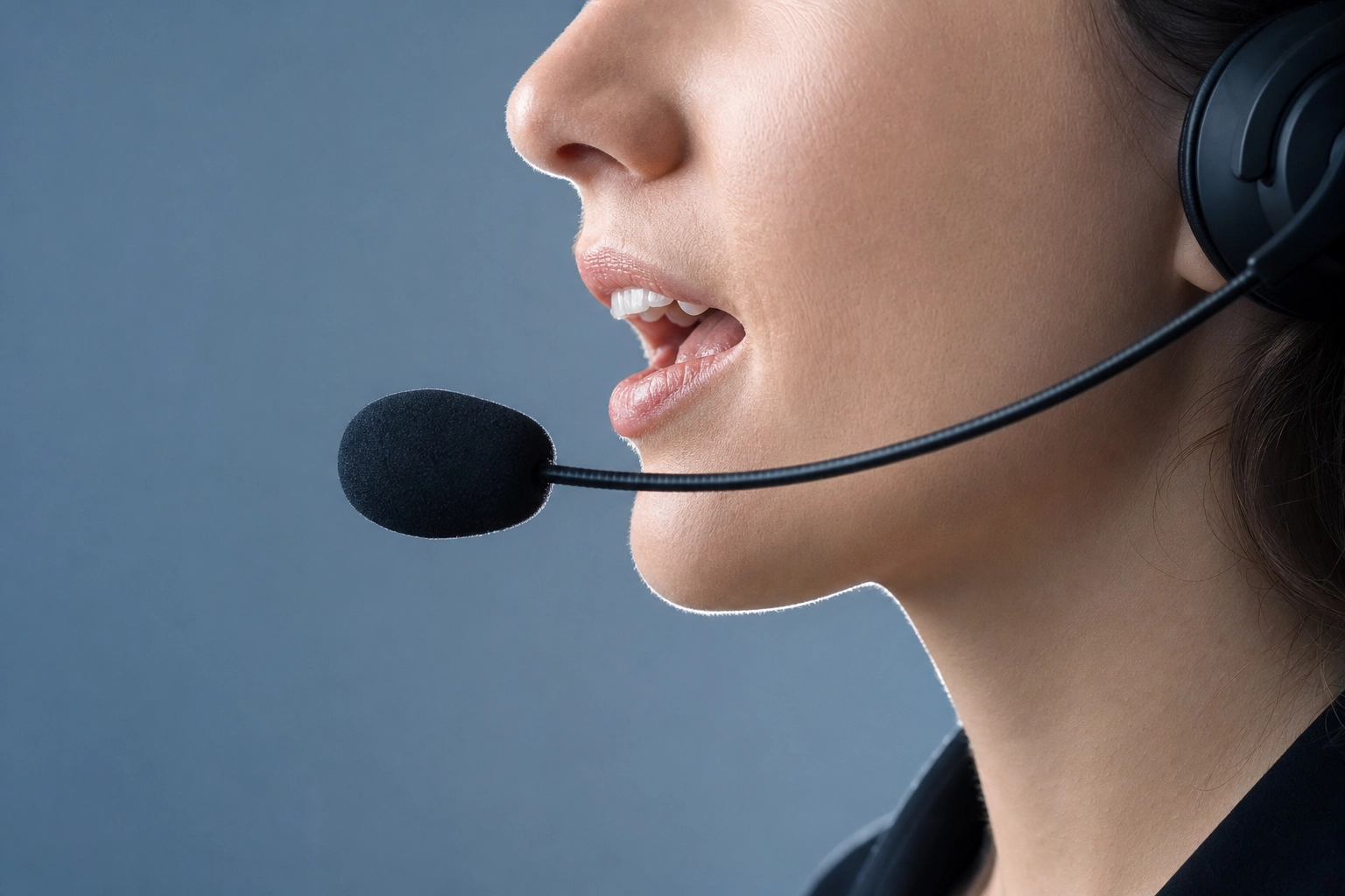 Side profile of a call center agent enunciating clearly into a microphone to speak with clarity on calls