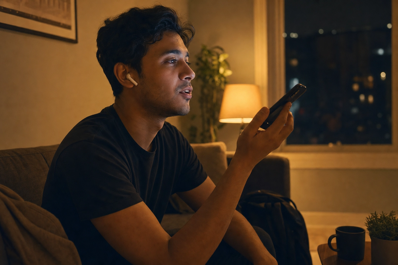 Person practicing spoken English at home at night with earbuds before a call center shift, phone in hand