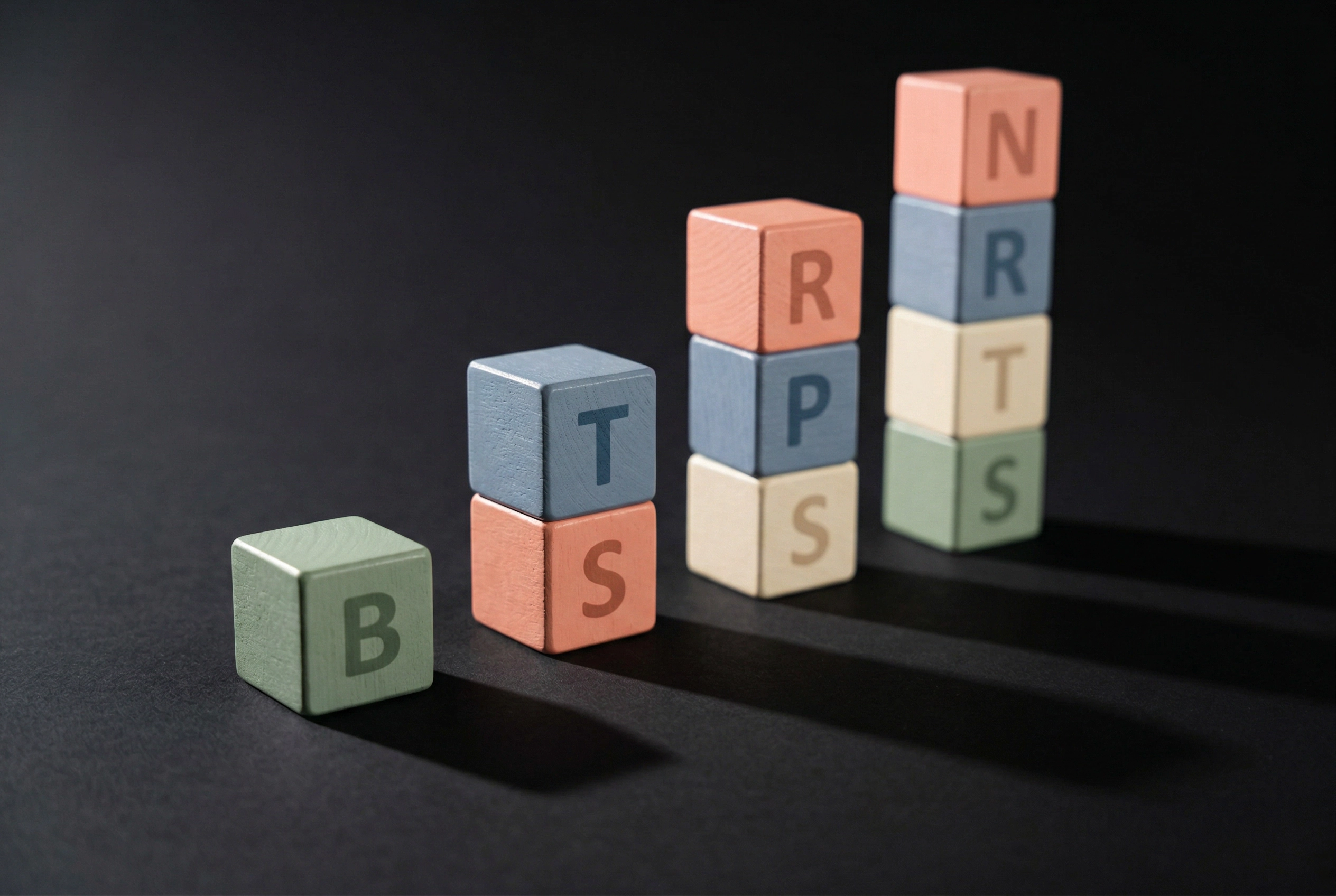 Blocos empilhados em complexidade crescente mostrando os níveis de dificuldade dos agrupamentos consonantais em inglês